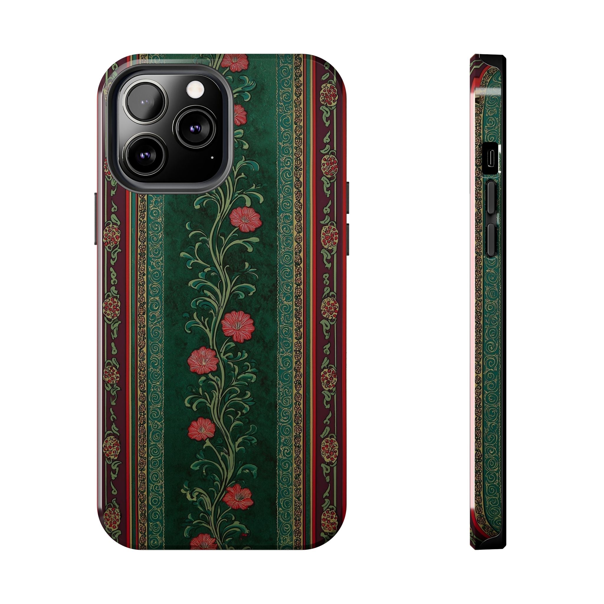 Victorian Floral Tough Phone Case - Green & Red Vintage Rose Design