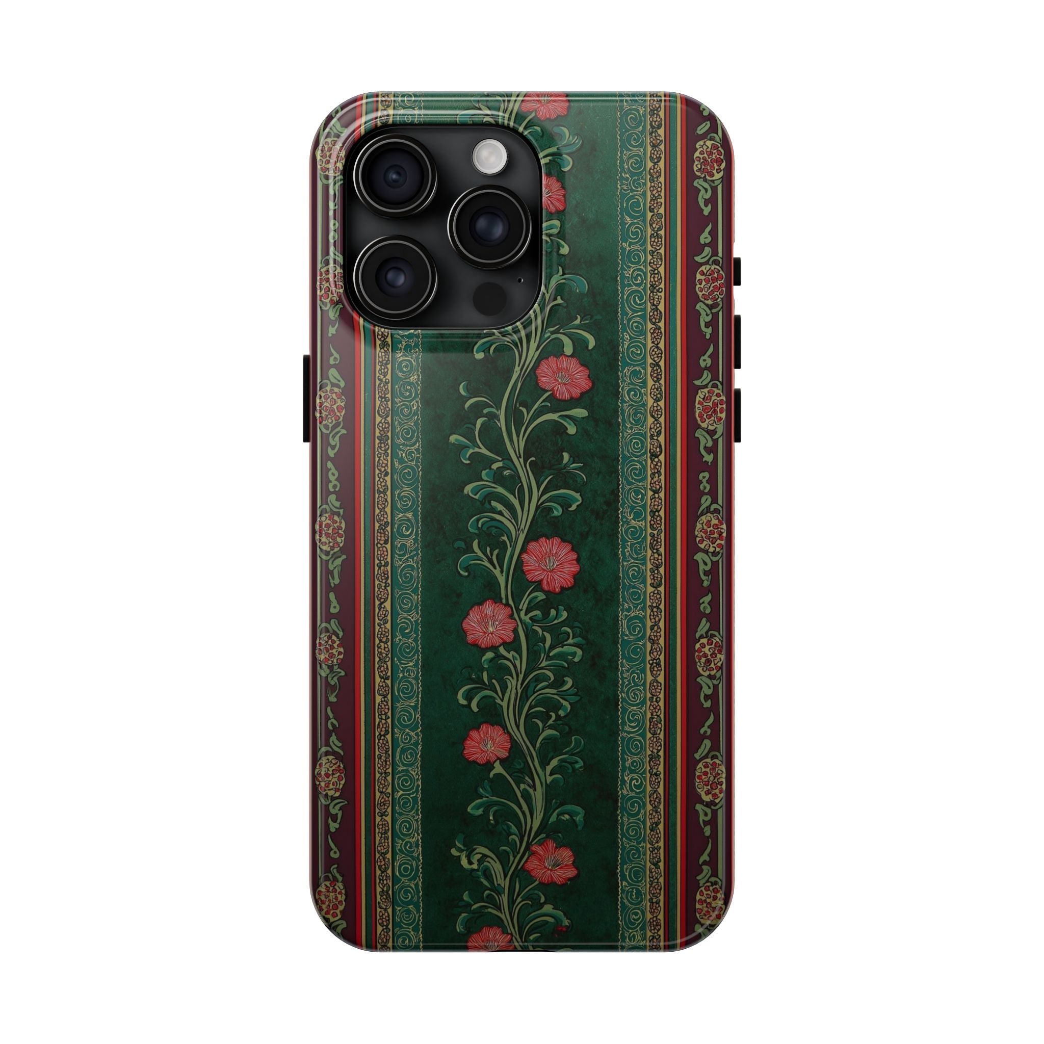 Victorian Floral Tough Phone Case - Green & Red Vintage Rose Design
