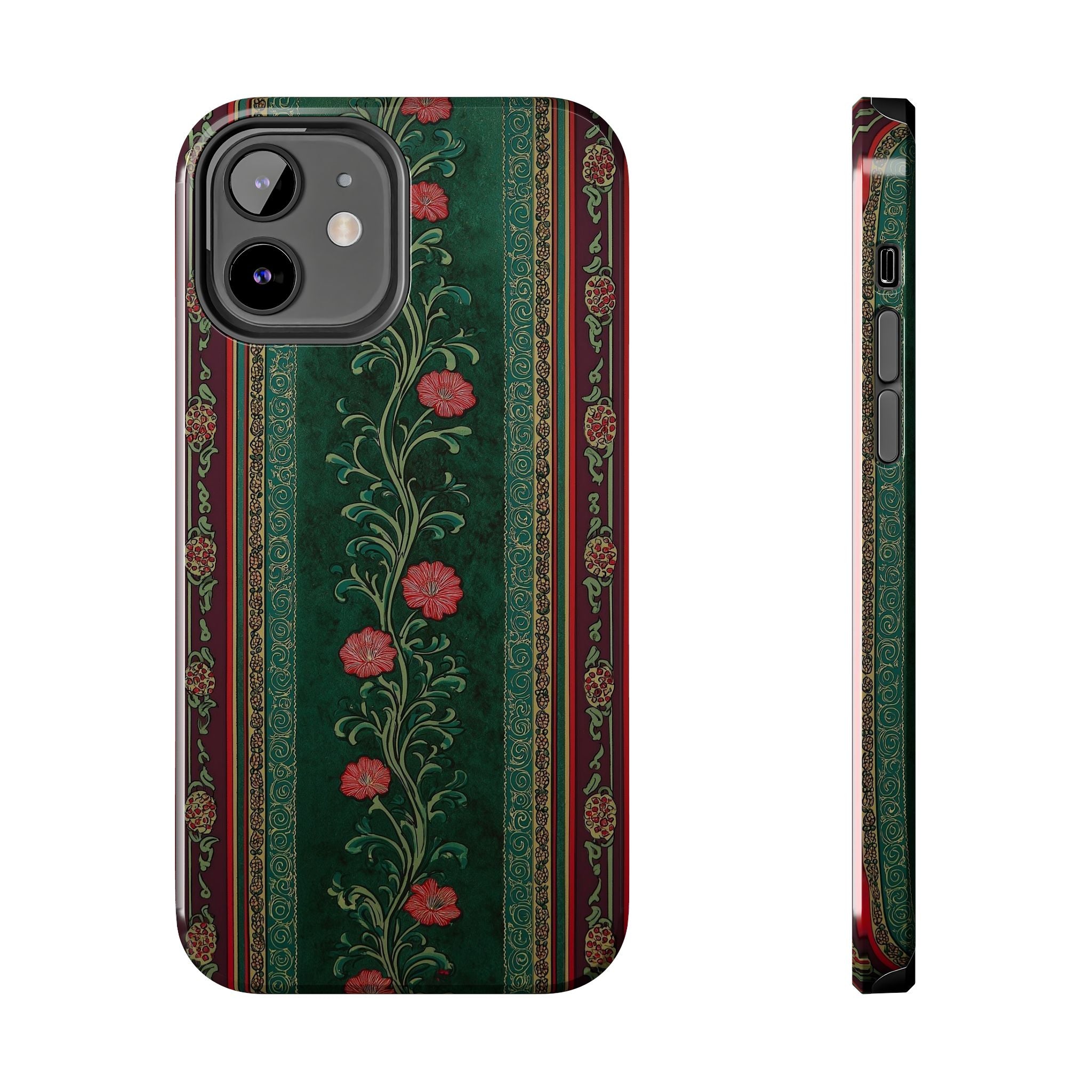 Victorian Floral Tough Phone Case - Green & Red Vintage Rose Design