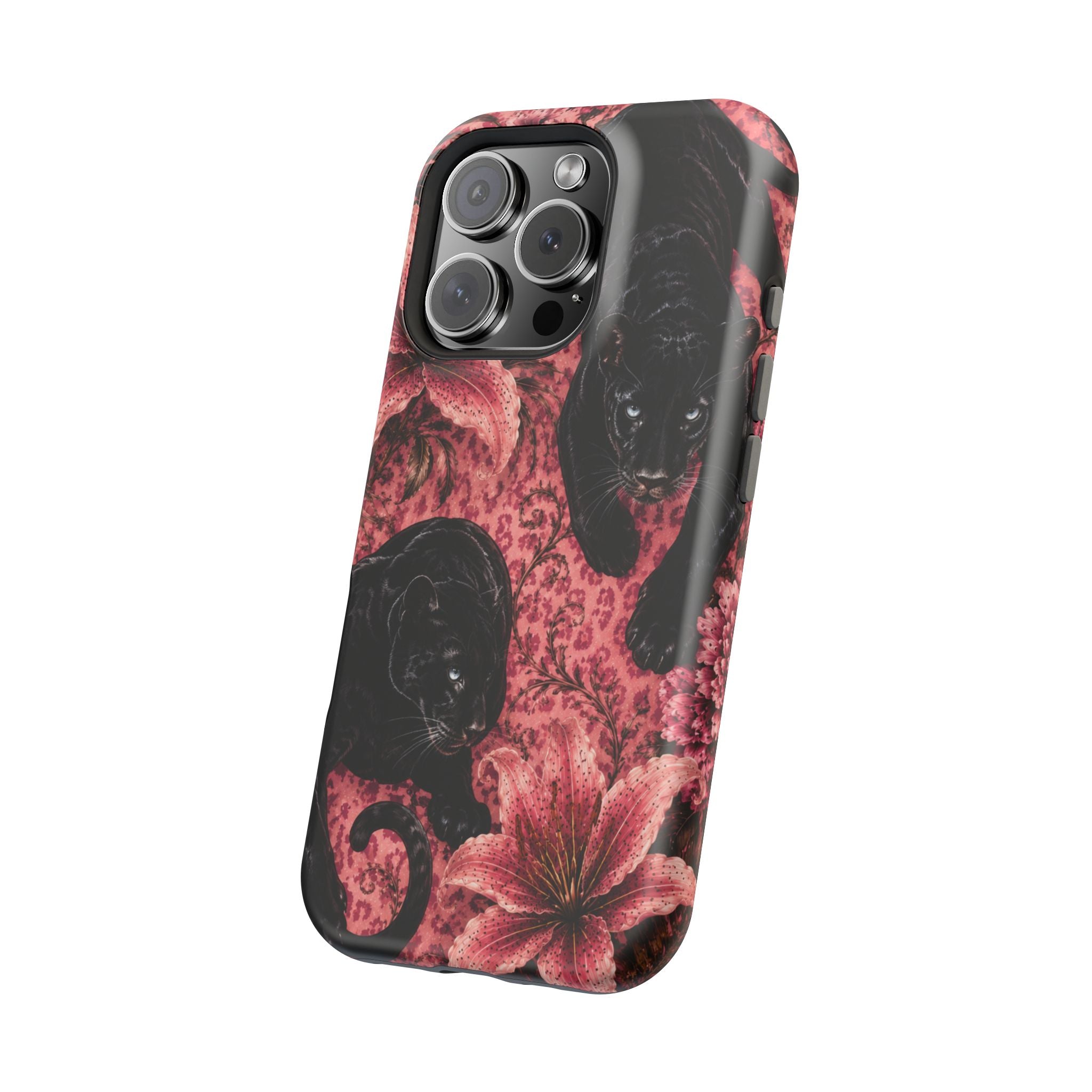 Protective Phone Case — Black Panthers & Pink Floral Impact-Resistant Magnetic Case