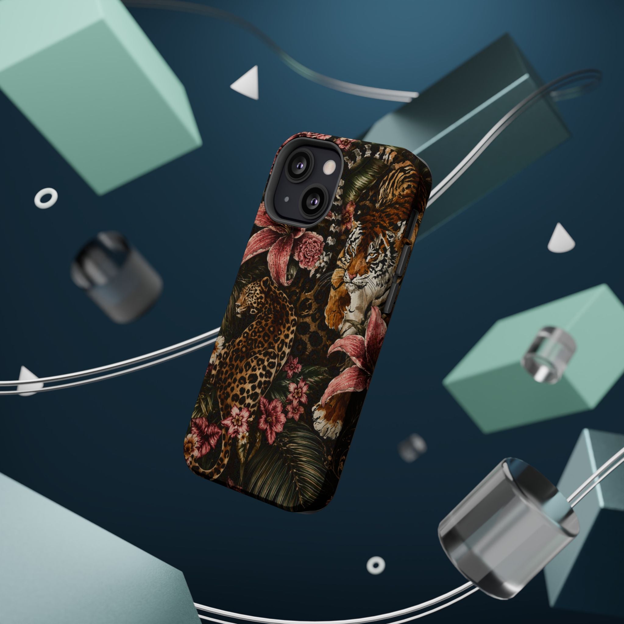 Magnetic Impact-Resistant Phone Case — Tropical Jungle Leopard & Tiger Floral Design