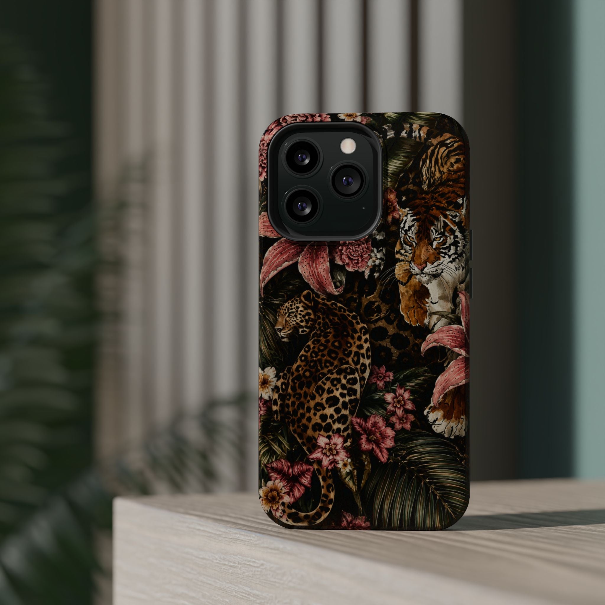 Magnetic Impact-Resistant Phone Case — Tropical Jungle Leopard & Tiger Floral Design