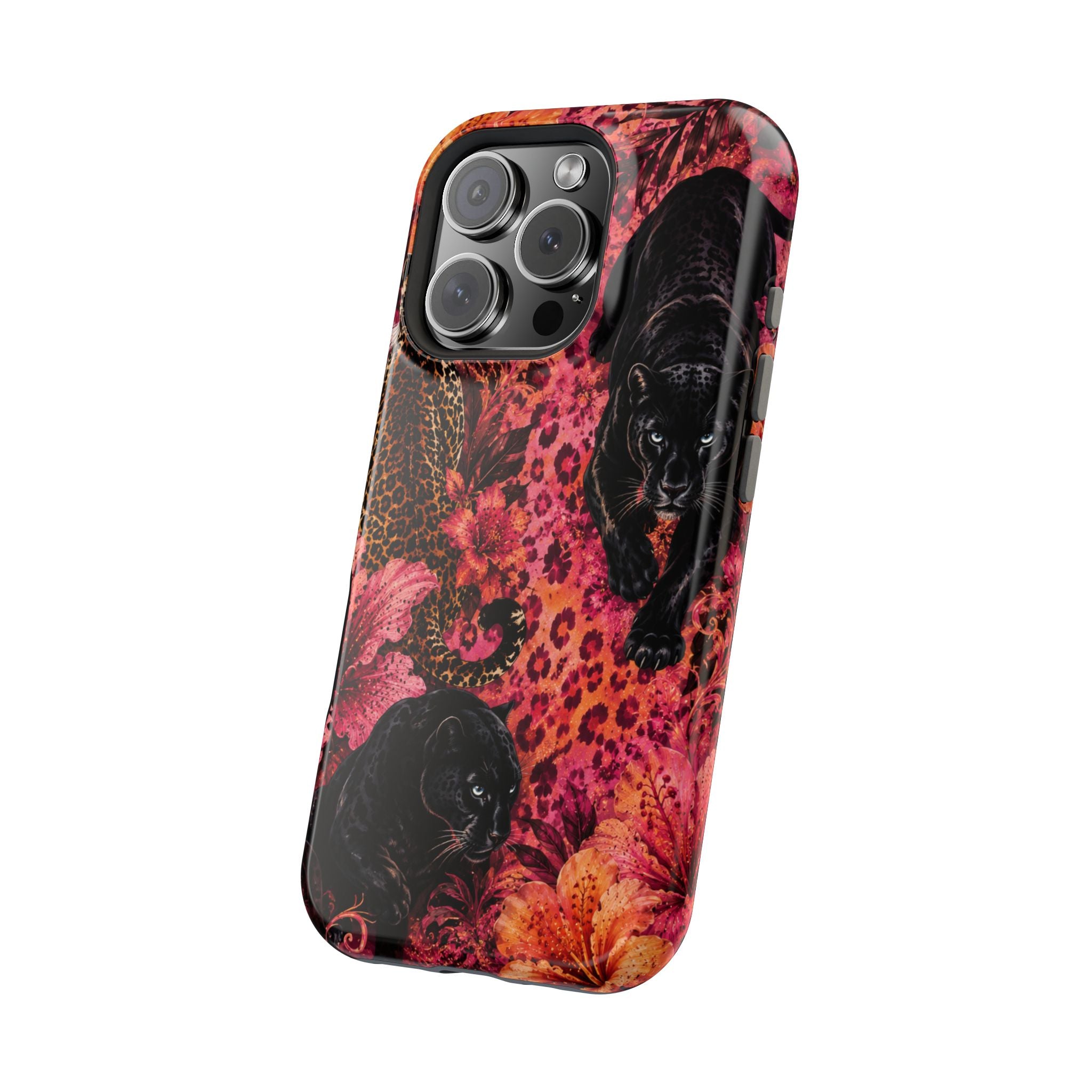 Black Panther & Leopard Floral Magnetic Impact-Resistant Phone Case | MagSafe Compatible iPhone & Samsung Cover