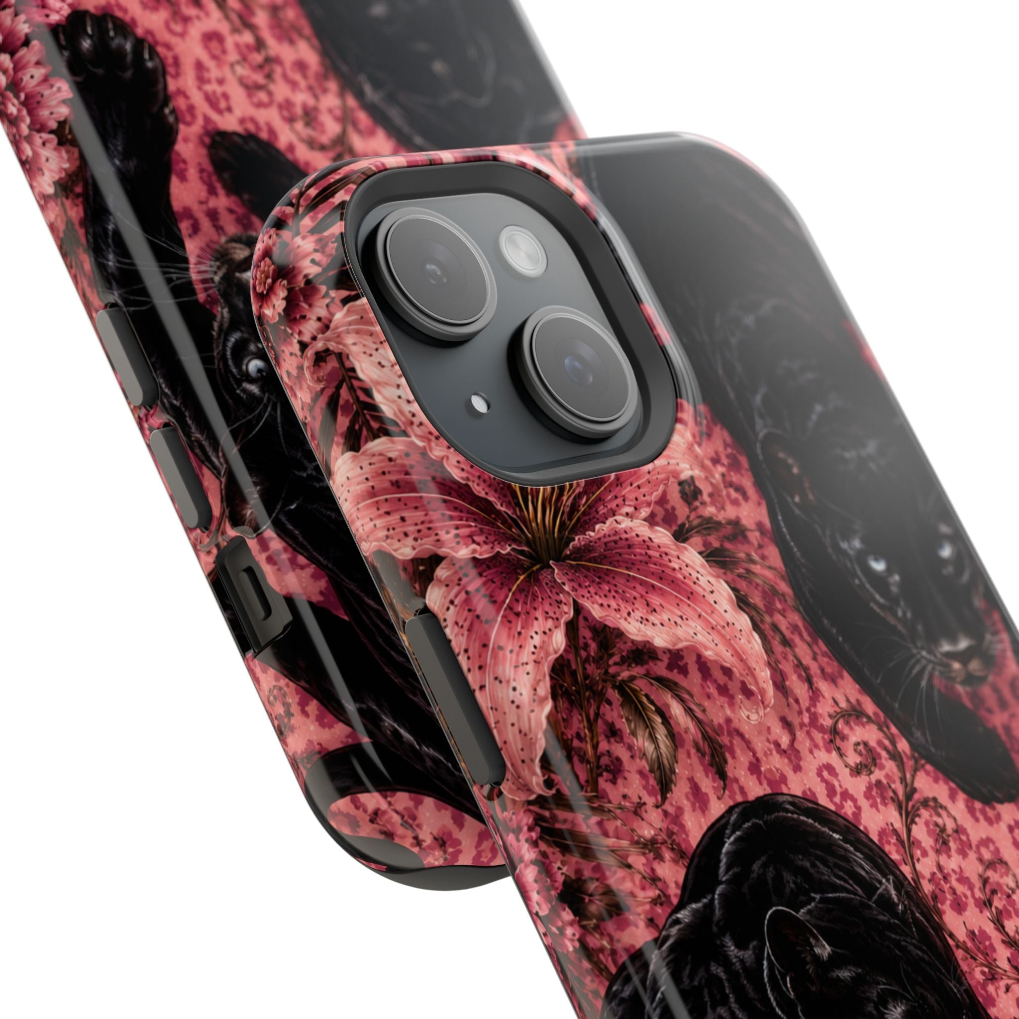 Protective Phone Case — Black Panthers & Pink Floral Impact-Resistant Magnetic Case