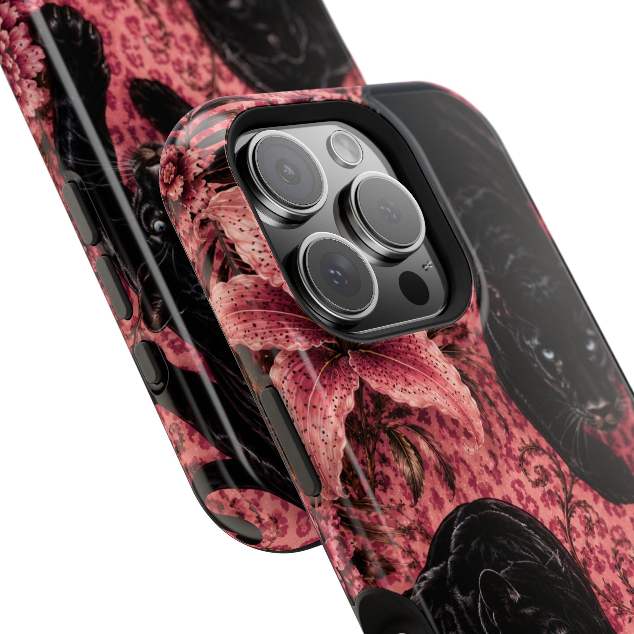 Protective Phone Case — Black Panthers & Pink Floral Impact-Resistant Magnetic Case