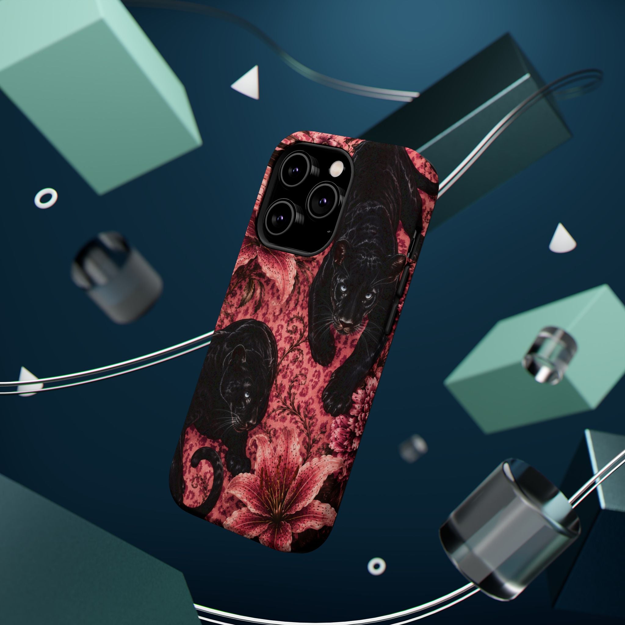 Protective Phone Case — Black Panthers & Pink Floral Impact-Resistant Magnetic Case
