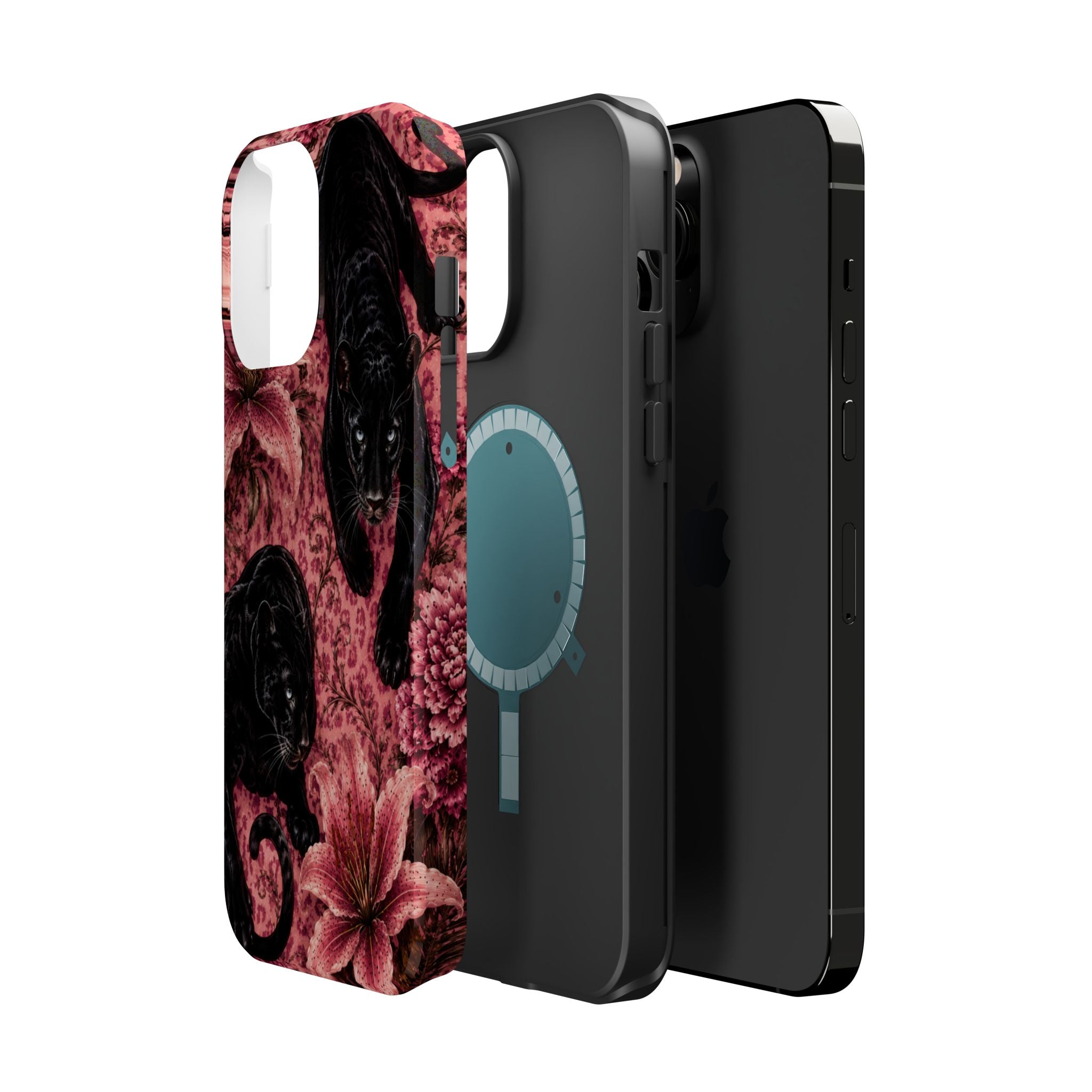 Protective Phone Case — Black Panthers & Pink Floral Impact-Resistant Magnetic Case