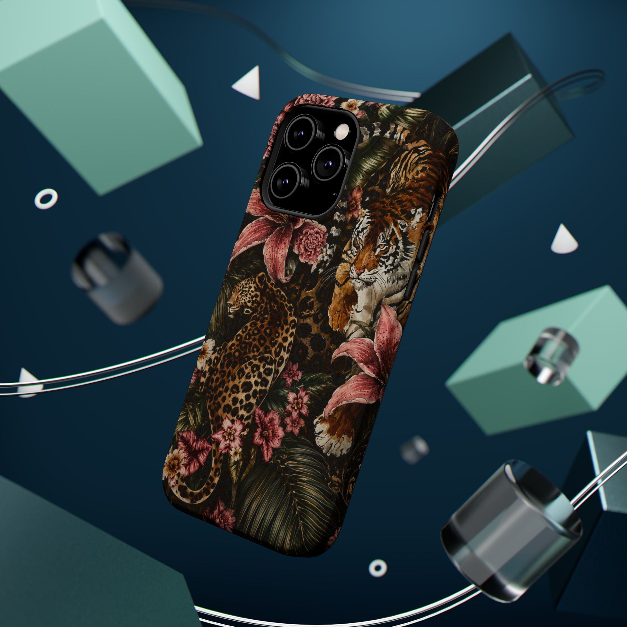 Magnetic Impact-Resistant Phone Case — Tropical Jungle Leopard & Tiger Floral Design
