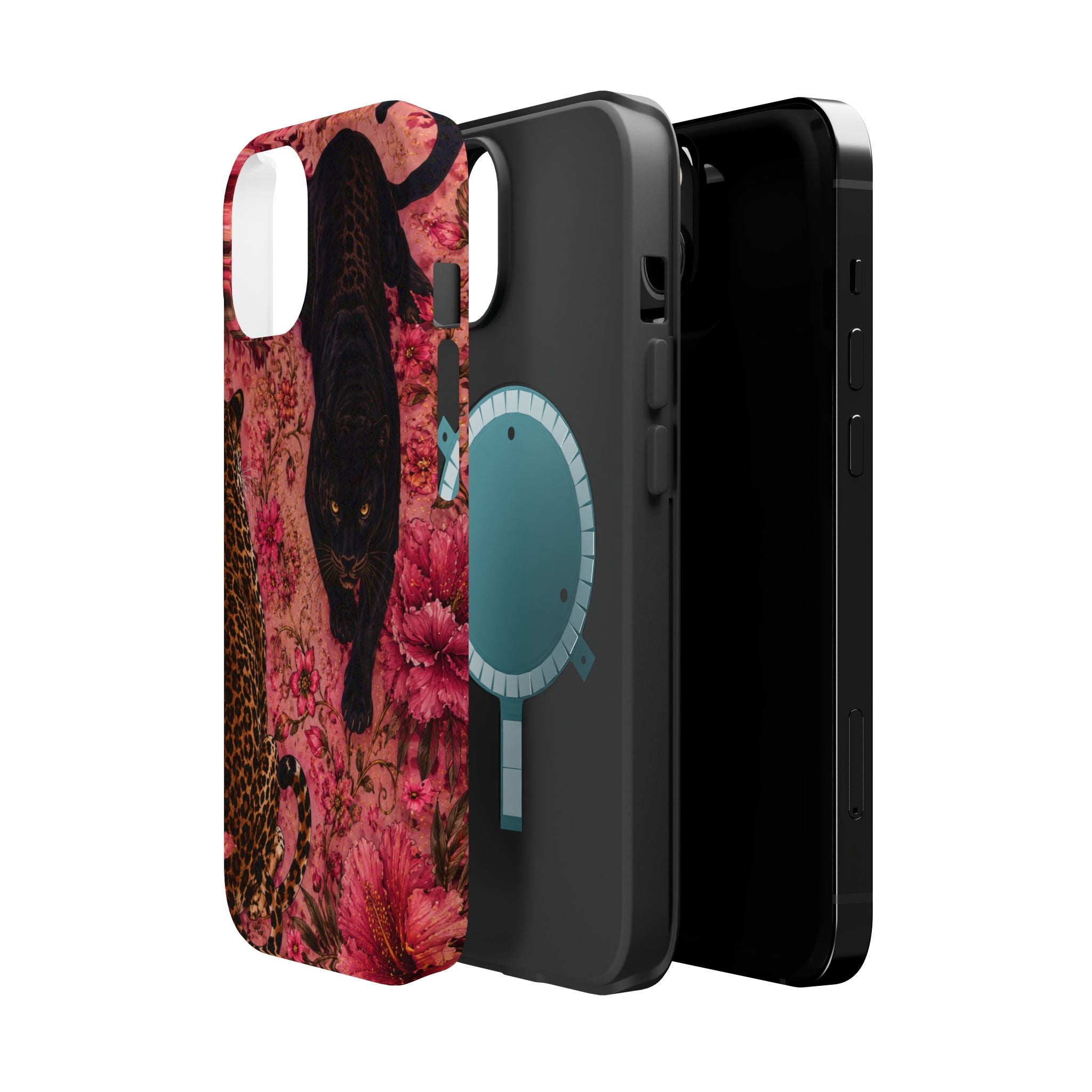 Black Panther & Leopard Floral Magnetic Impact-Resistant Phone Case | MagSafe Compatible Shockproof Cover