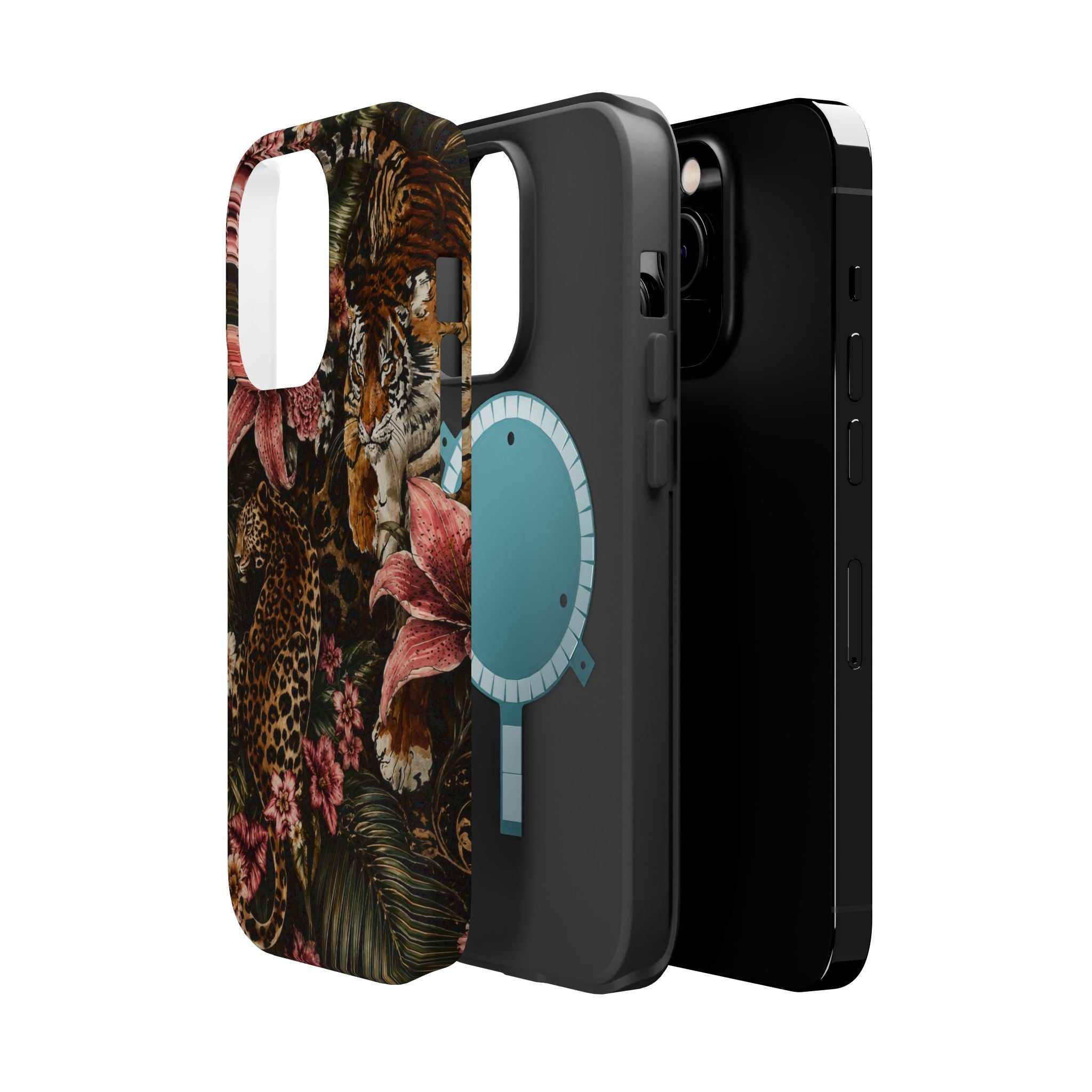 Magnetic Impact-Resistant Phone Case — Tropical Jungle Leopard & Tiger Floral Design