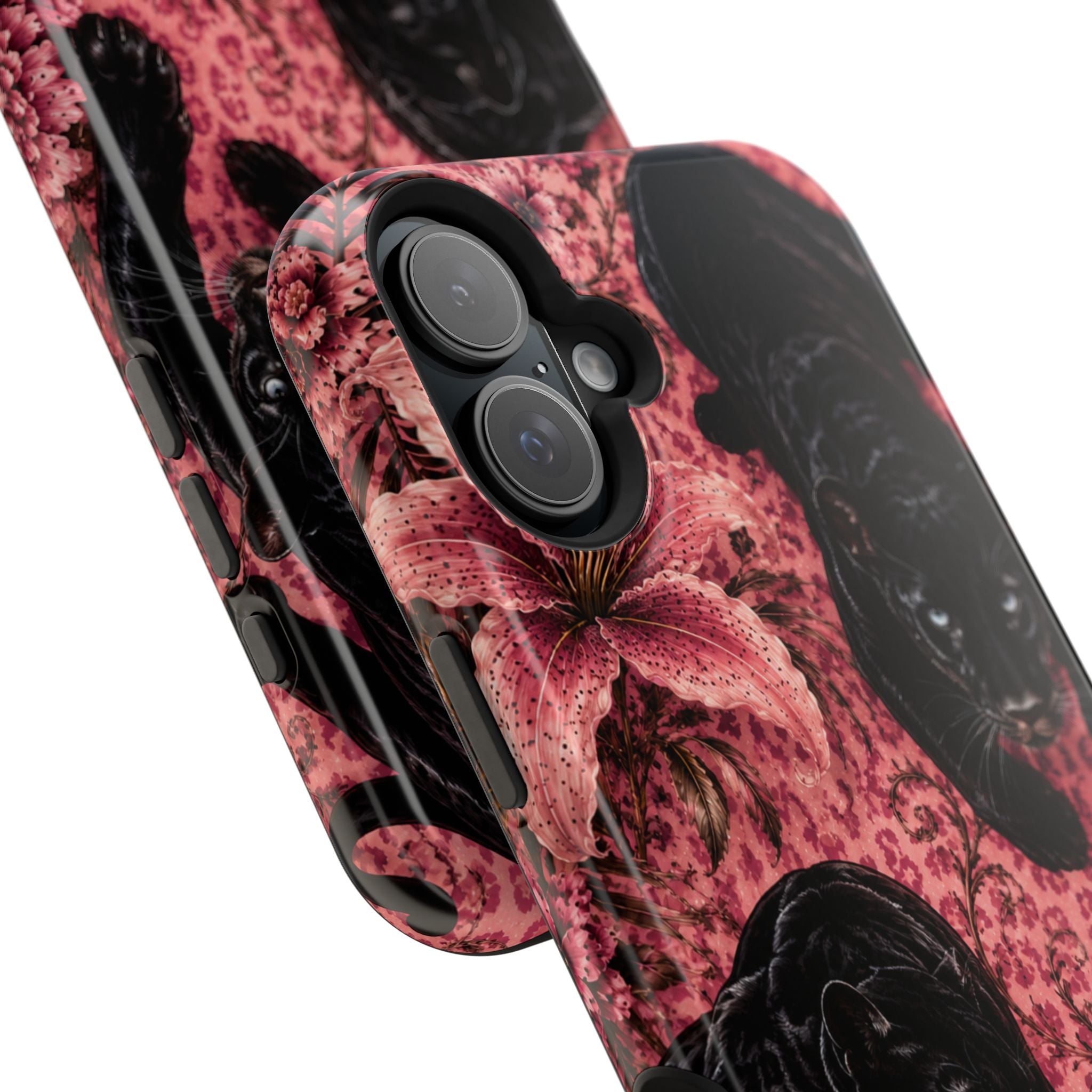 Protective Phone Case — Black Panthers & Pink Floral Impact-Resistant Magnetic Case