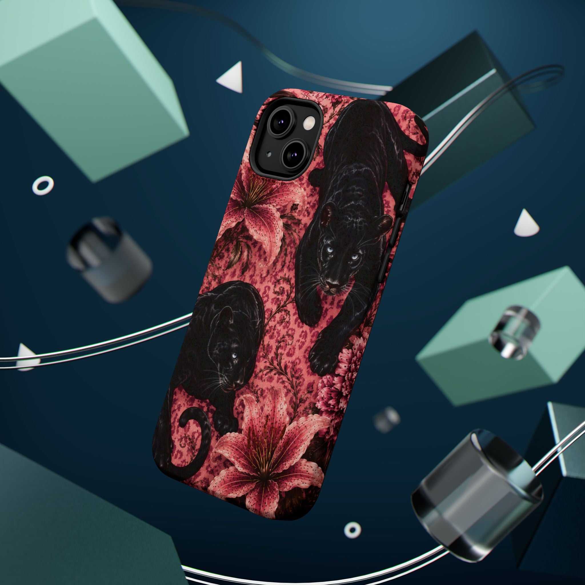 Protective Phone Case — Black Panthers & Pink Floral Impact-Resistant Magnetic Case