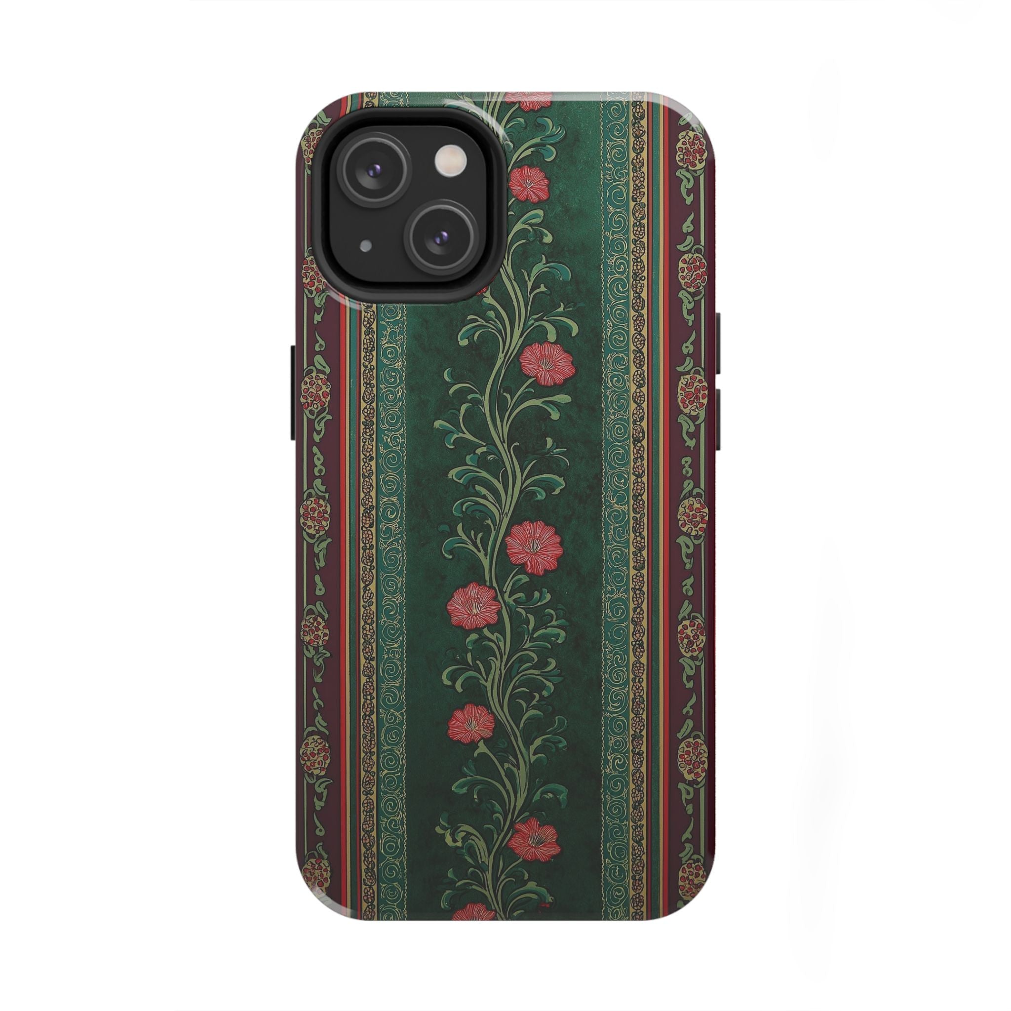 Victorian Floral Tough Phone Case - Green & Red Vintage Rose Design