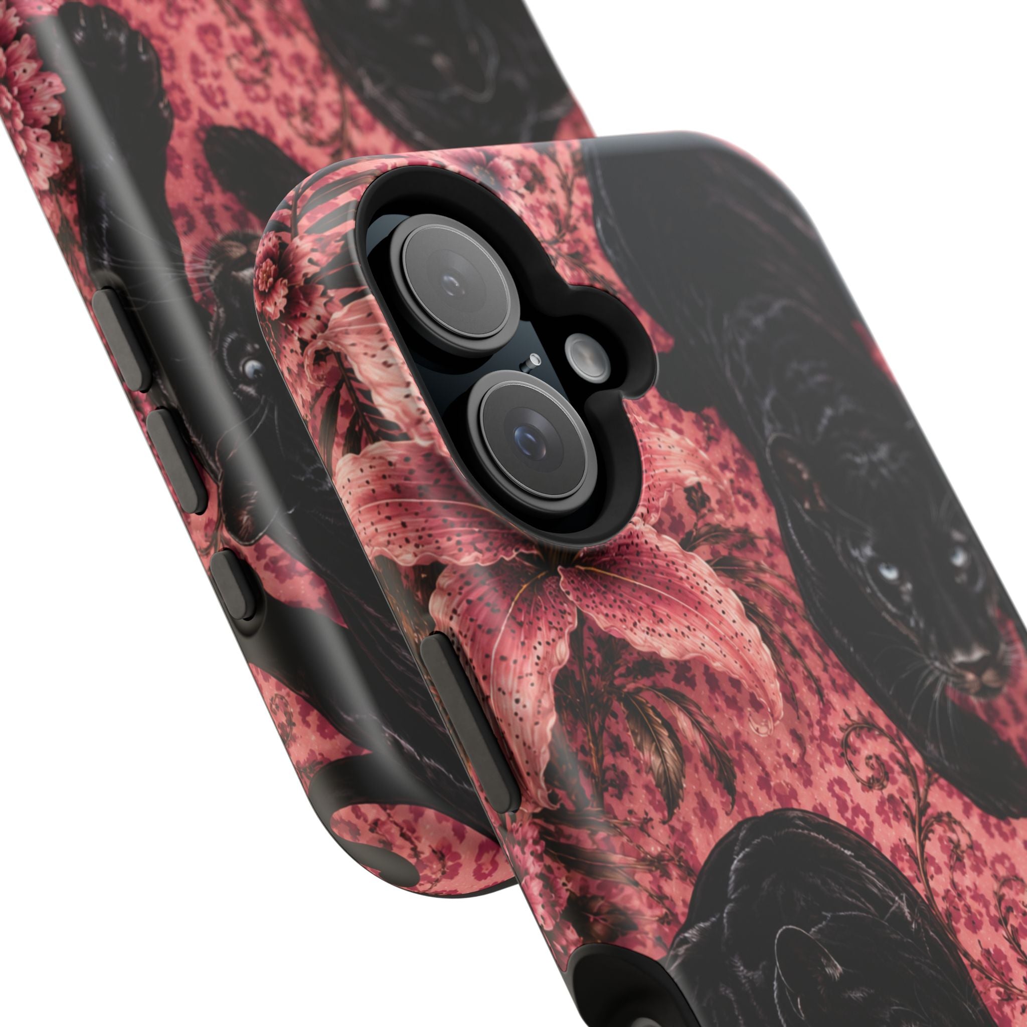 Protective Phone Case — Black Panthers & Pink Floral Impact-Resistant Magnetic Case