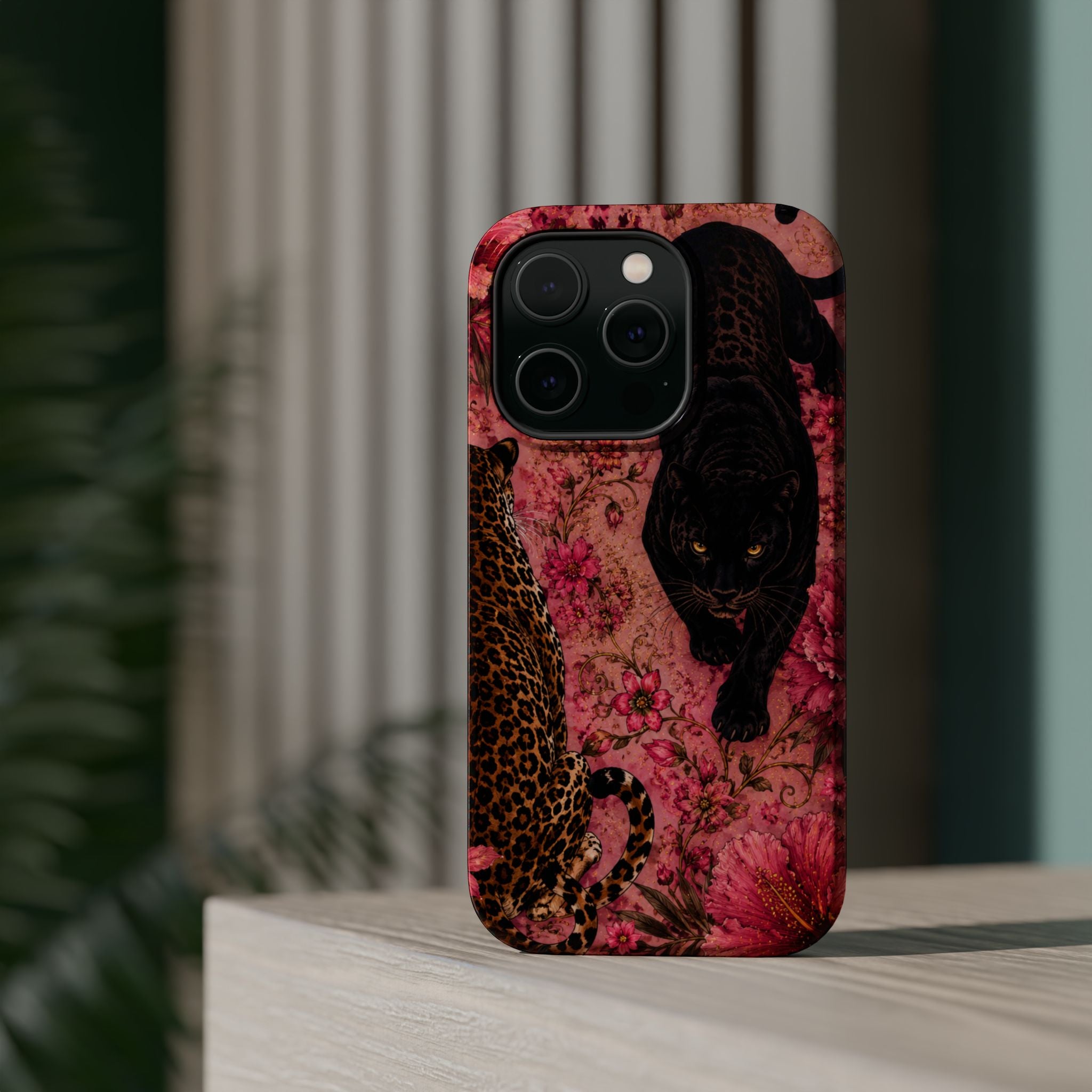 Black Panther & Leopard Floral Magnetic Impact-Resistant Phone Case | MagSafe Compatible Shockproof Cover