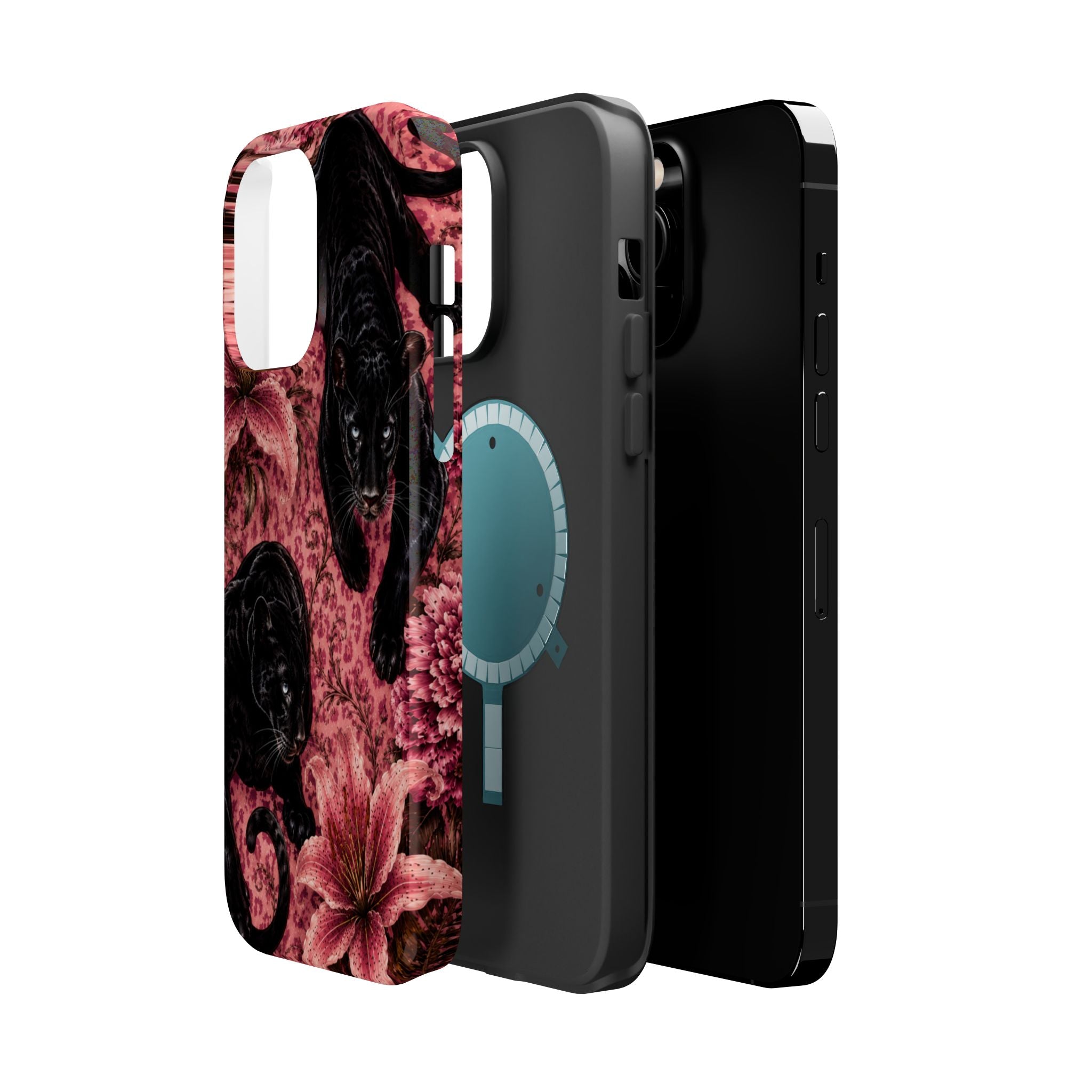 Protective Phone Case — Black Panthers & Pink Floral Impact-Resistant Magnetic Case