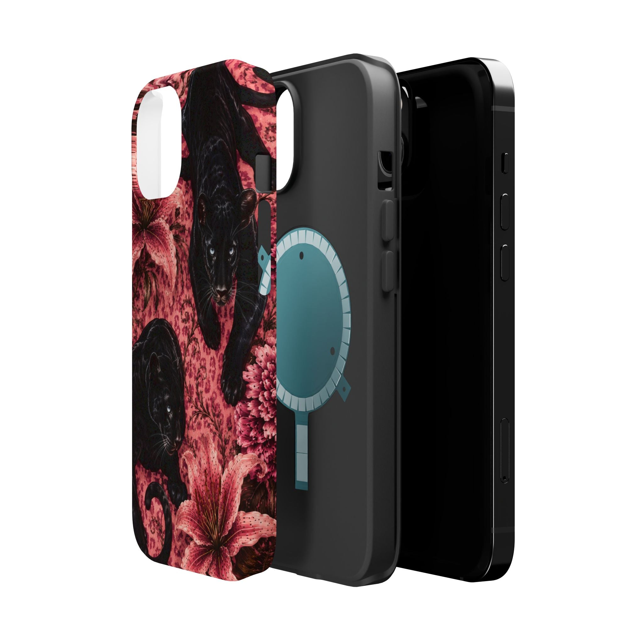 Protective Phone Case — Black Panthers & Pink Floral Impact-Resistant Magnetic Case