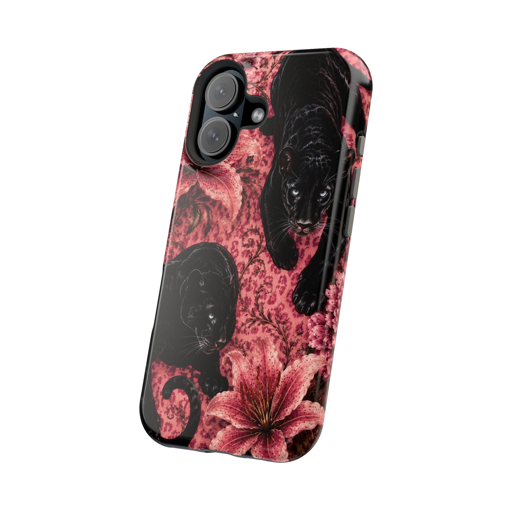 Protective Phone Case — Black Panthers & Pink Floral Impact-Resistant Magnetic Case