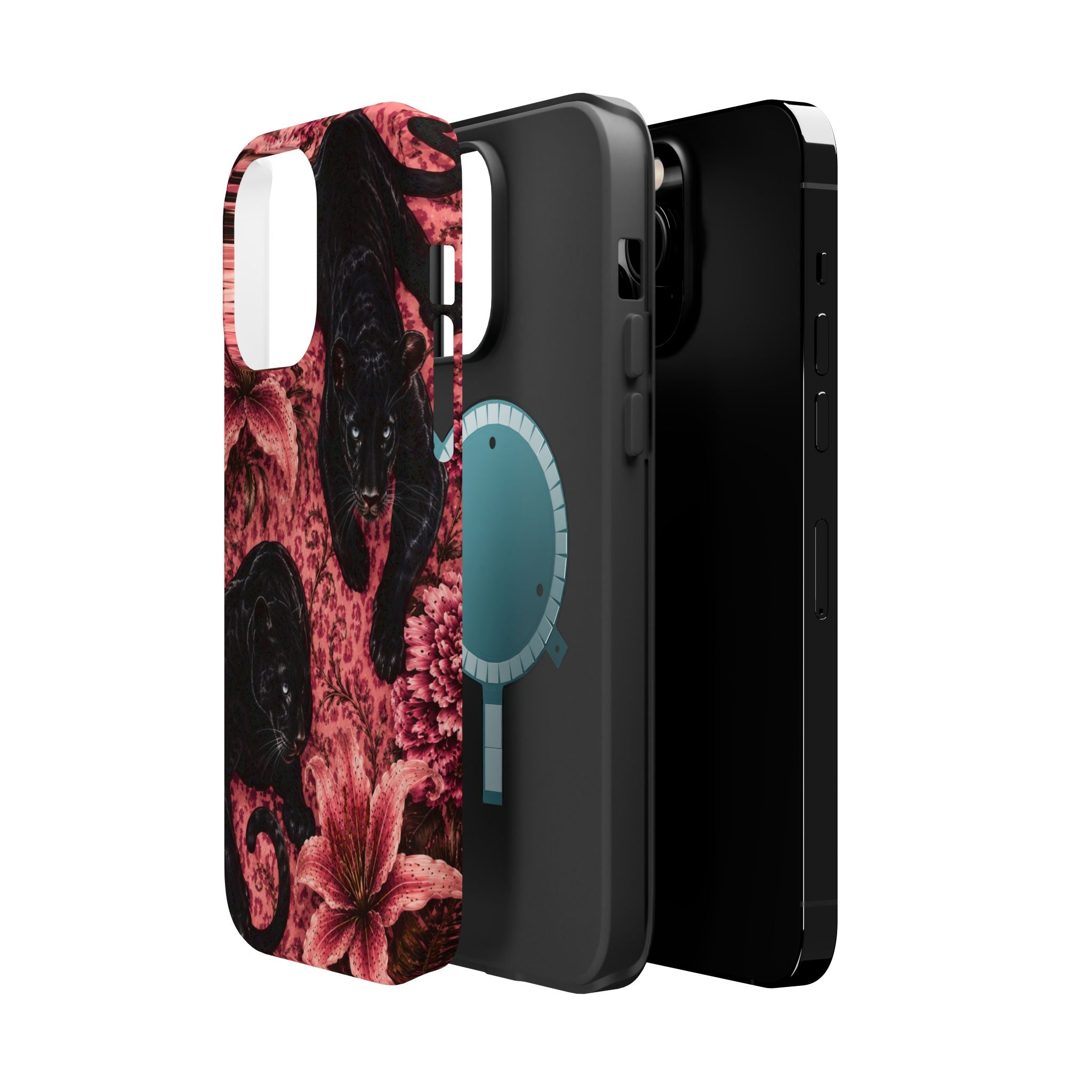 Protective Phone Case — Black Panthers & Pink Floral Impact-Resistant Magnetic Case
