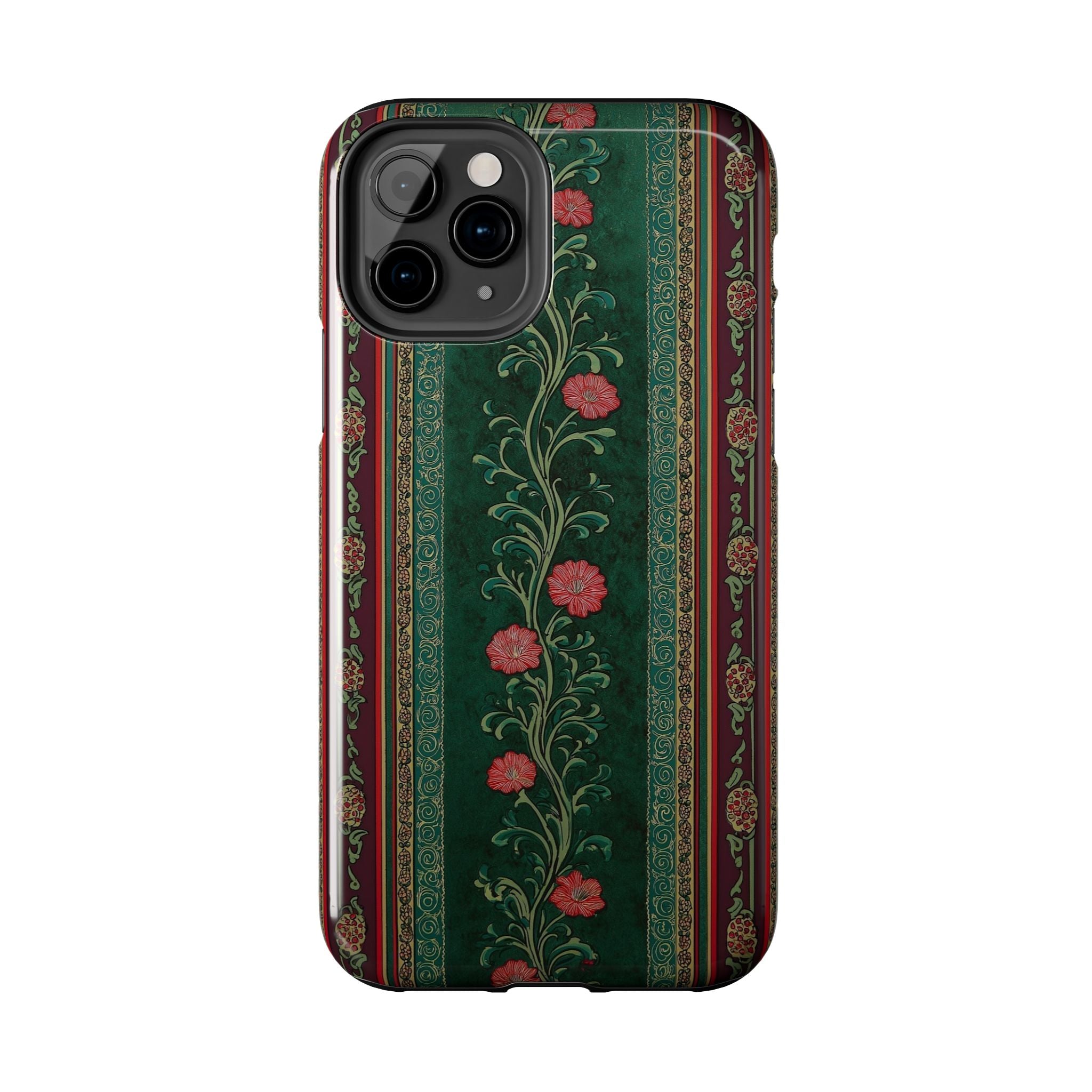 Victorian Floral Tough Phone Case - Green & Red Vintage Rose Design