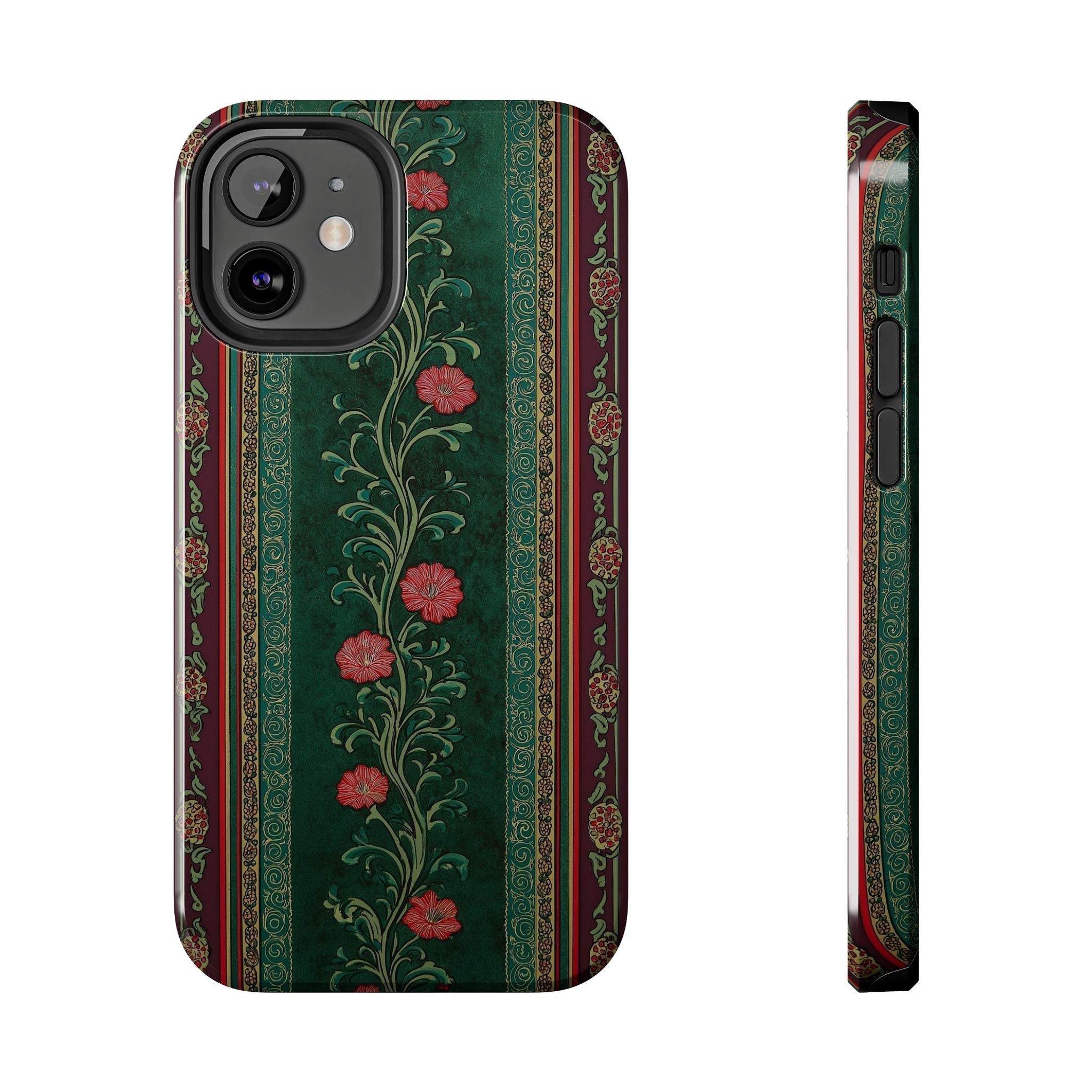 Victorian Floral Tough Phone Case - Green & Red Vintage Rose Design