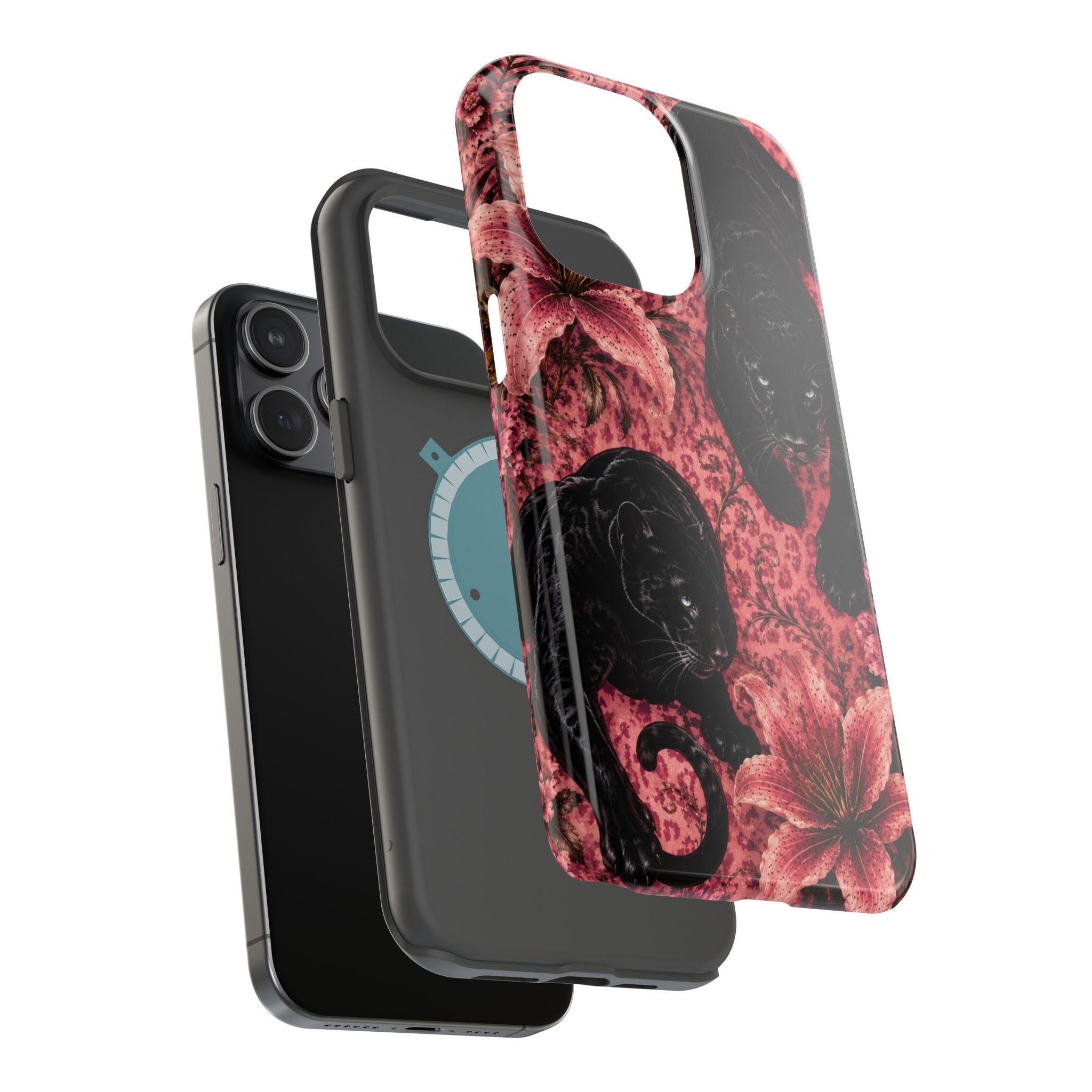 Protective Phone Case — Black Panthers & Pink Floral Impact-Resistant Magnetic Case