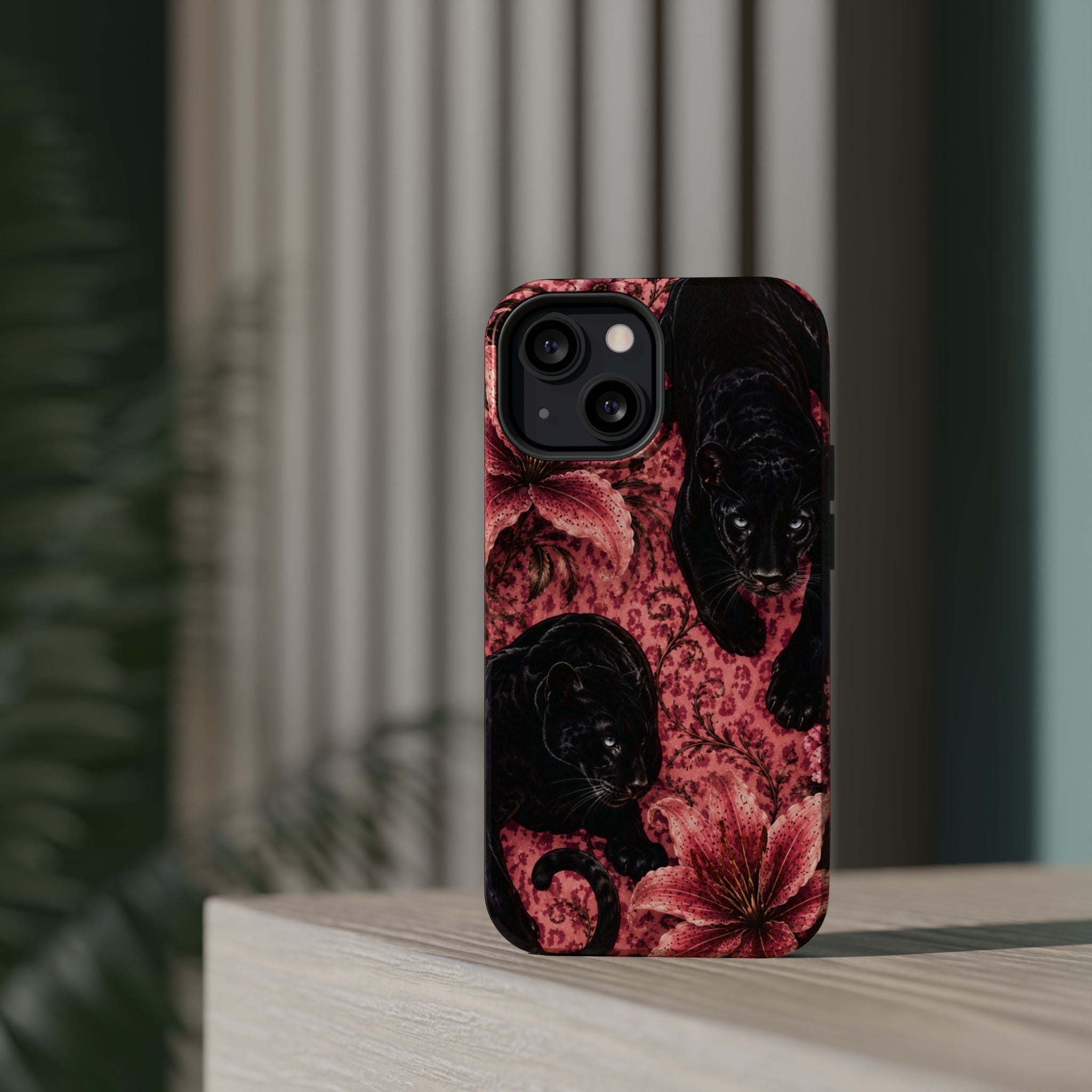 Protective Phone Case — Black Panthers & Pink Floral Impact-Resistant Magnetic Case