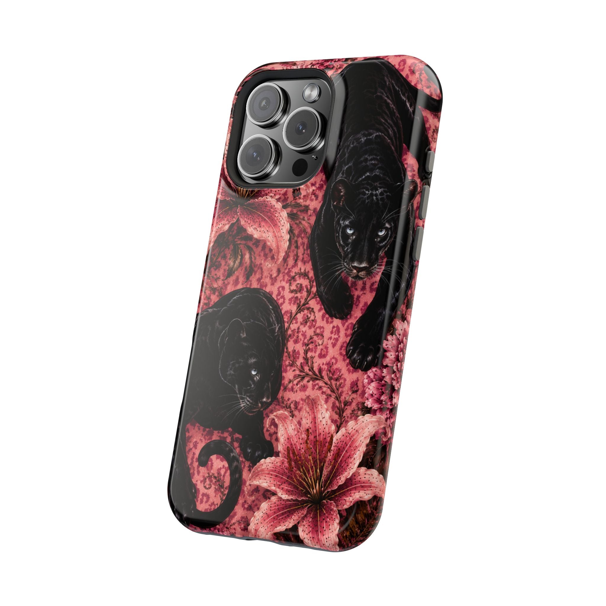 Protective Phone Case — Black Panthers & Pink Floral Impact-Resistant Magnetic Case