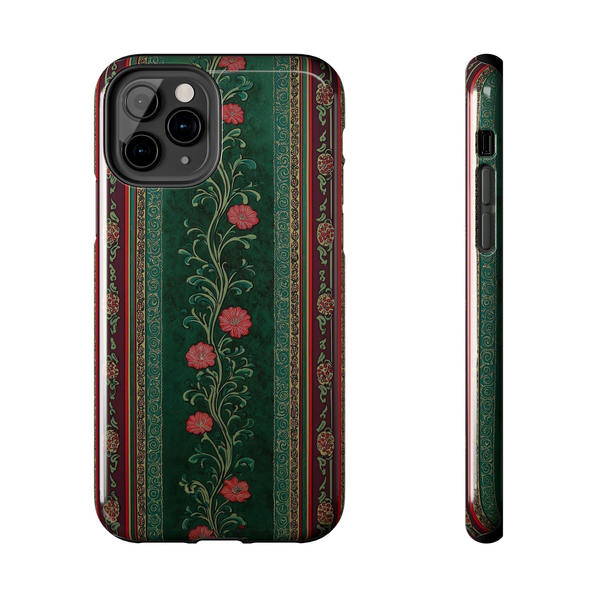 Victorian Floral Tough Phone Case - Green & Red Vintage Rose Design
