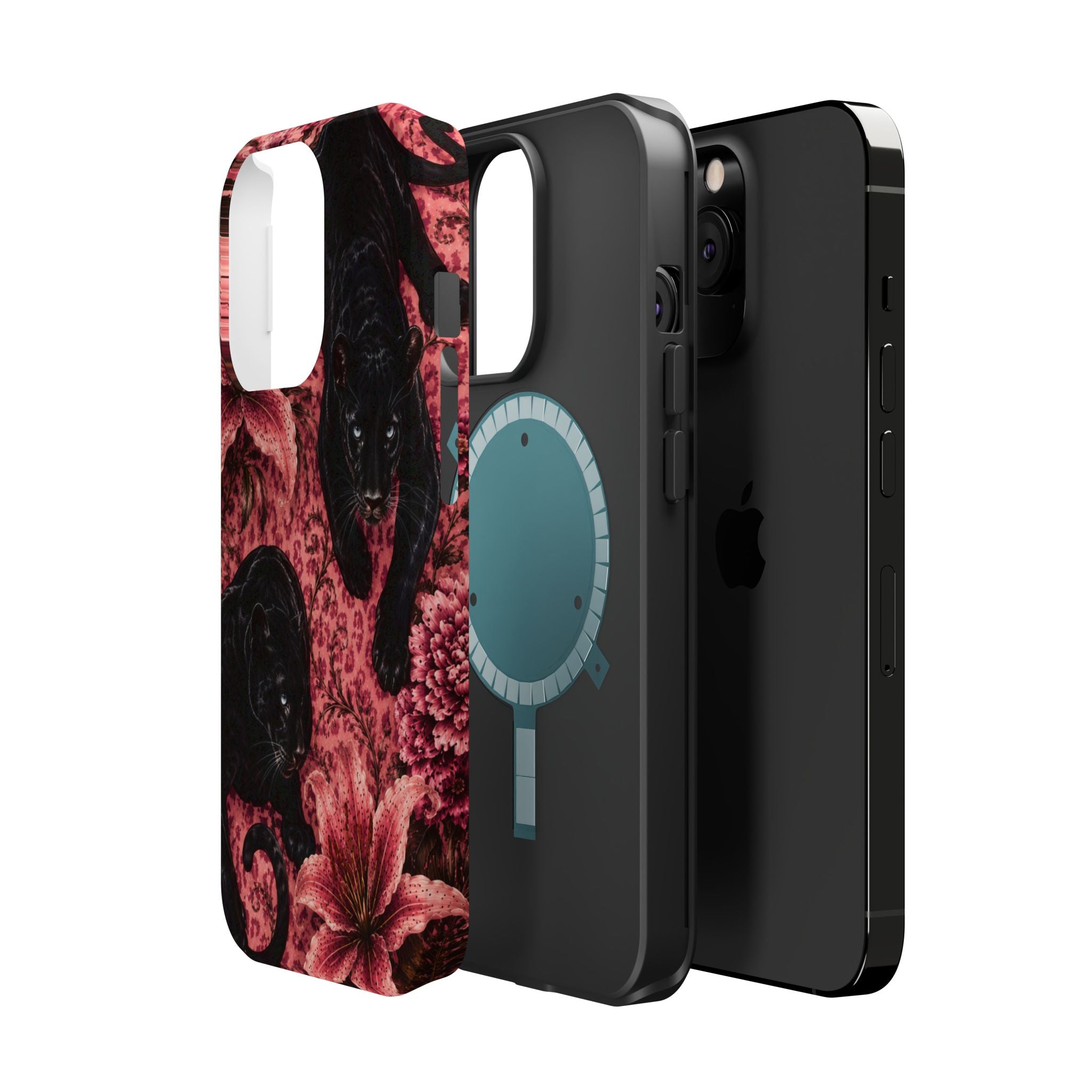 Protective Phone Case — Black Panthers & Pink Floral Impact-Resistant Magnetic Case