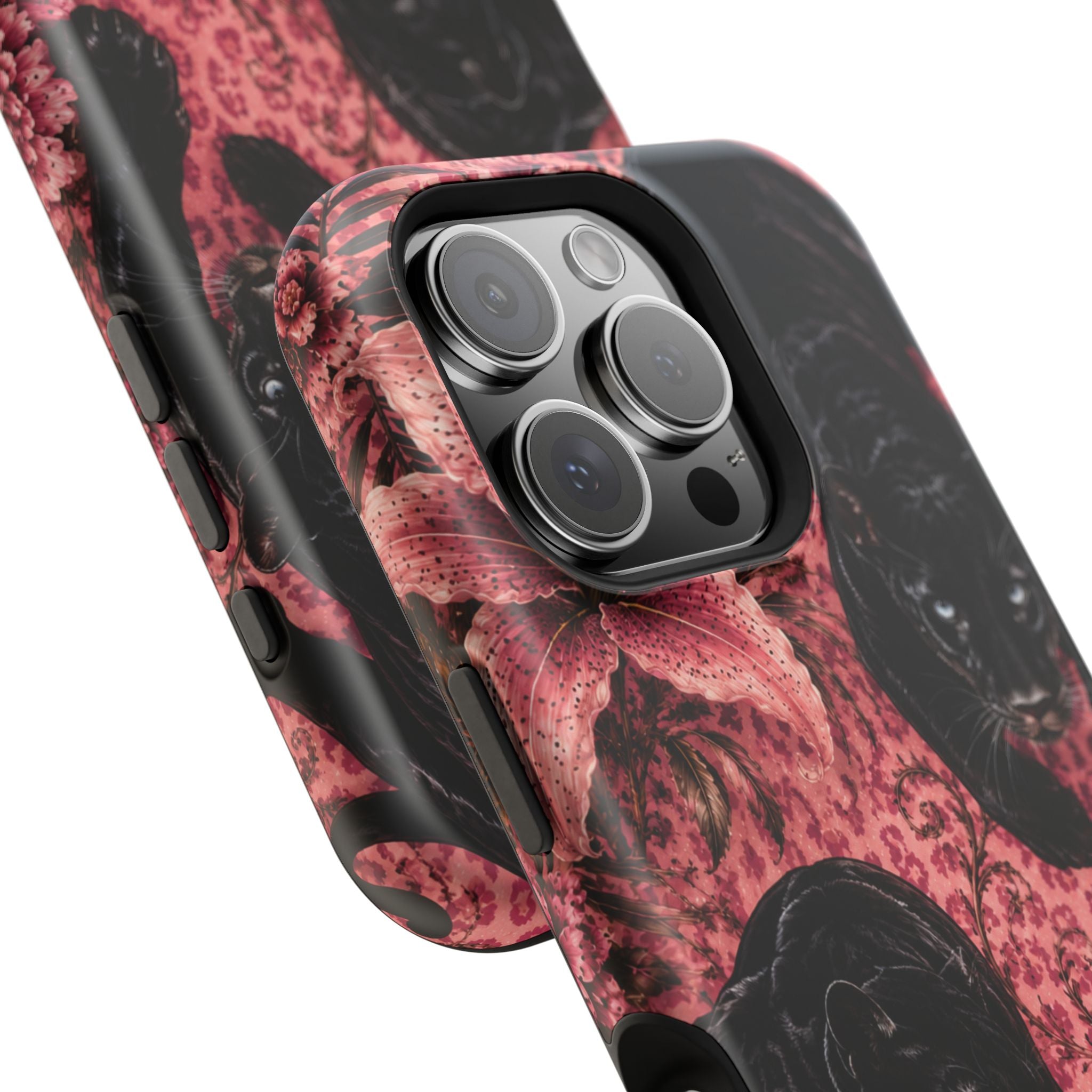 Protective Phone Case — Black Panthers & Pink Floral Impact-Resistant Magnetic Case