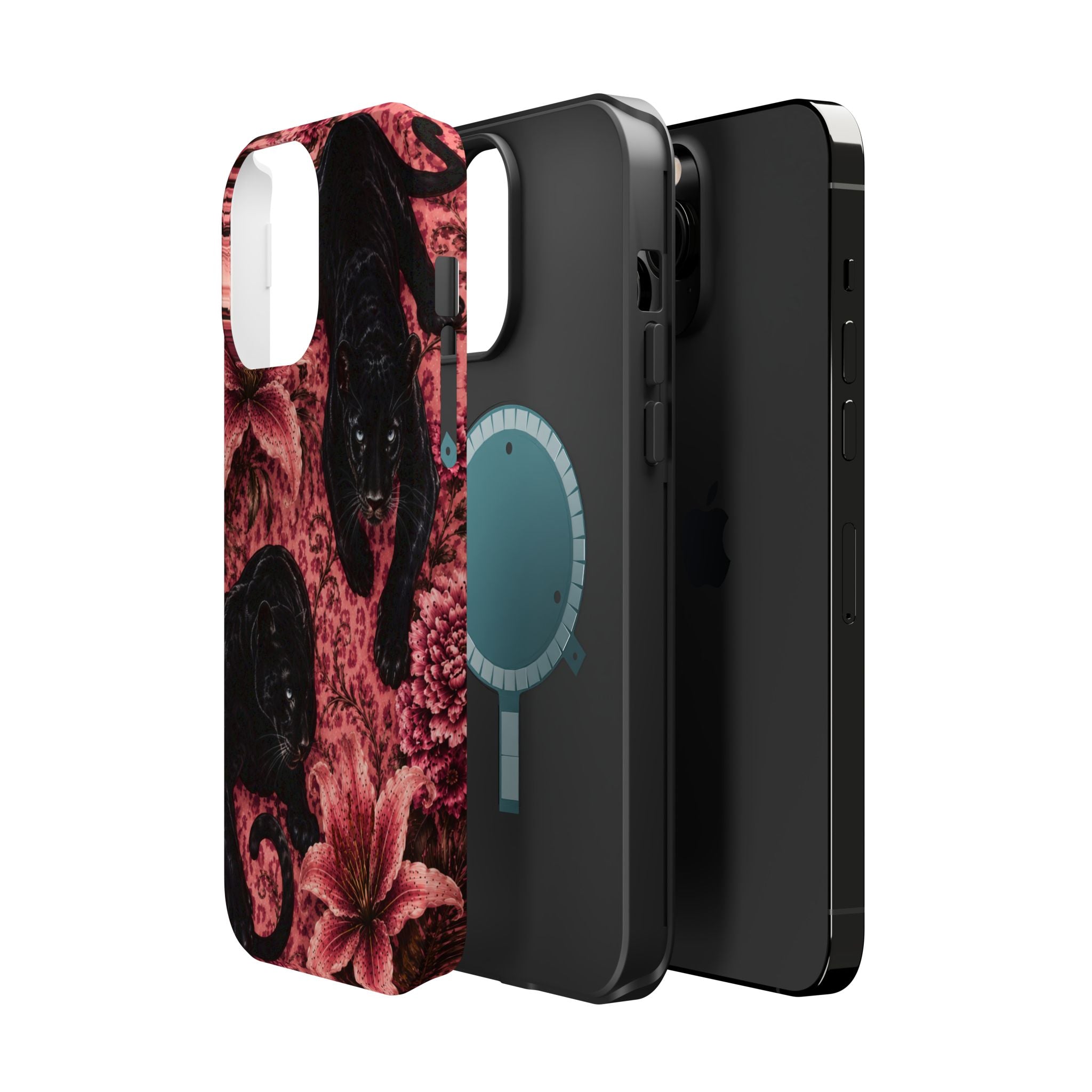 Protective Phone Case — Black Panthers & Pink Floral Impact-Resistant Magnetic Case