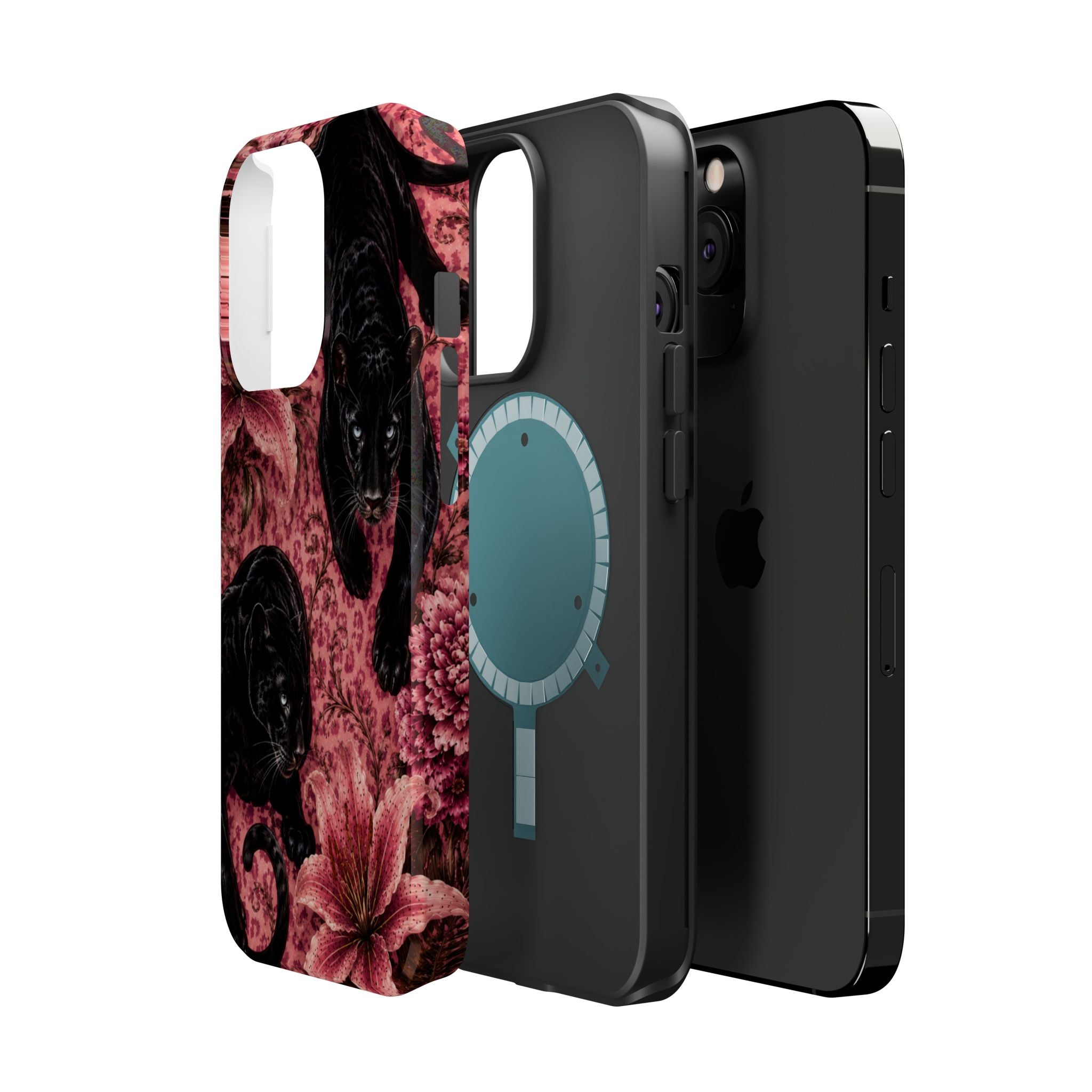 Protective Phone Case — Black Panthers & Pink Floral Impact-Resistant Magnetic Case