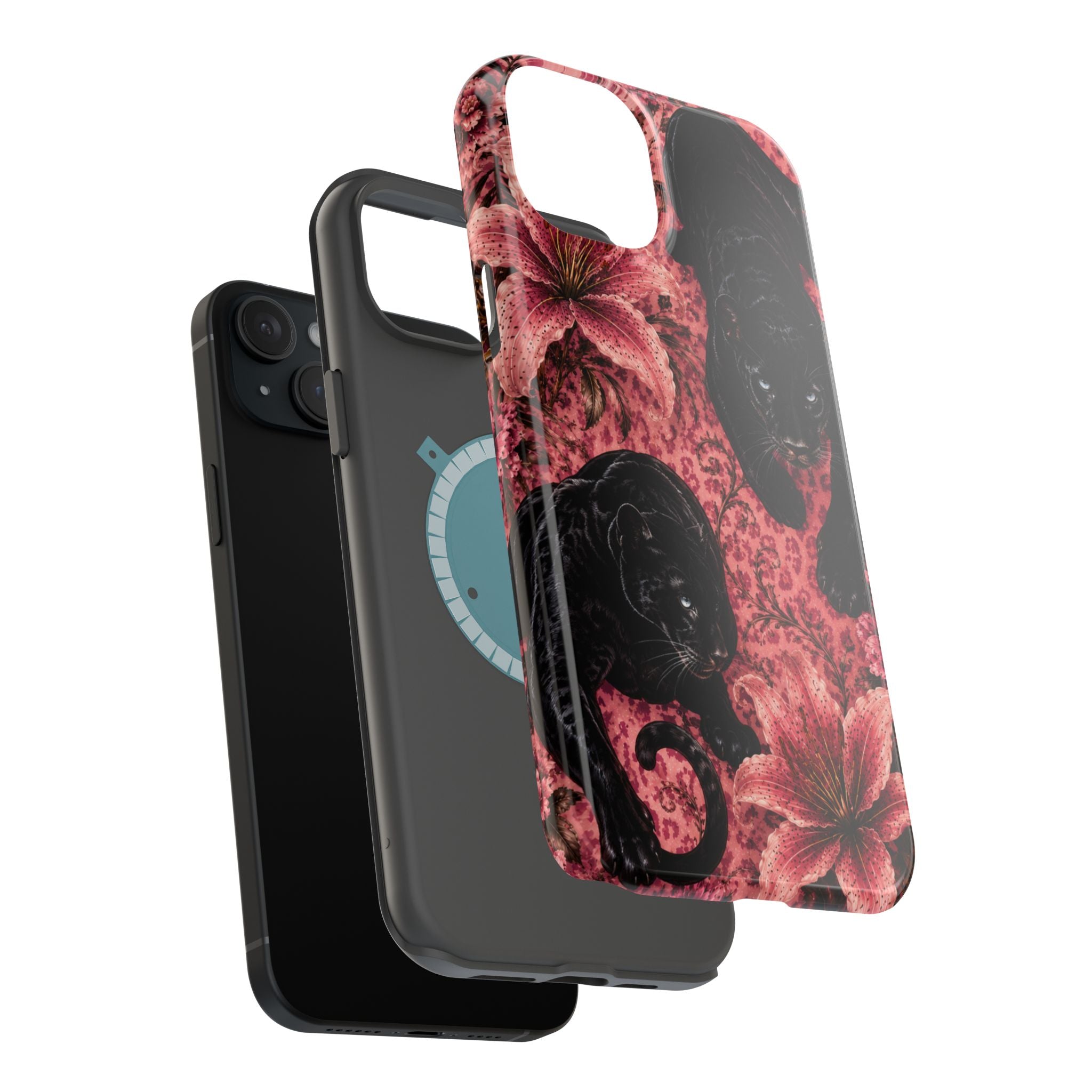 Protective Phone Case — Black Panthers & Pink Floral Impact-Resistant Magnetic Case