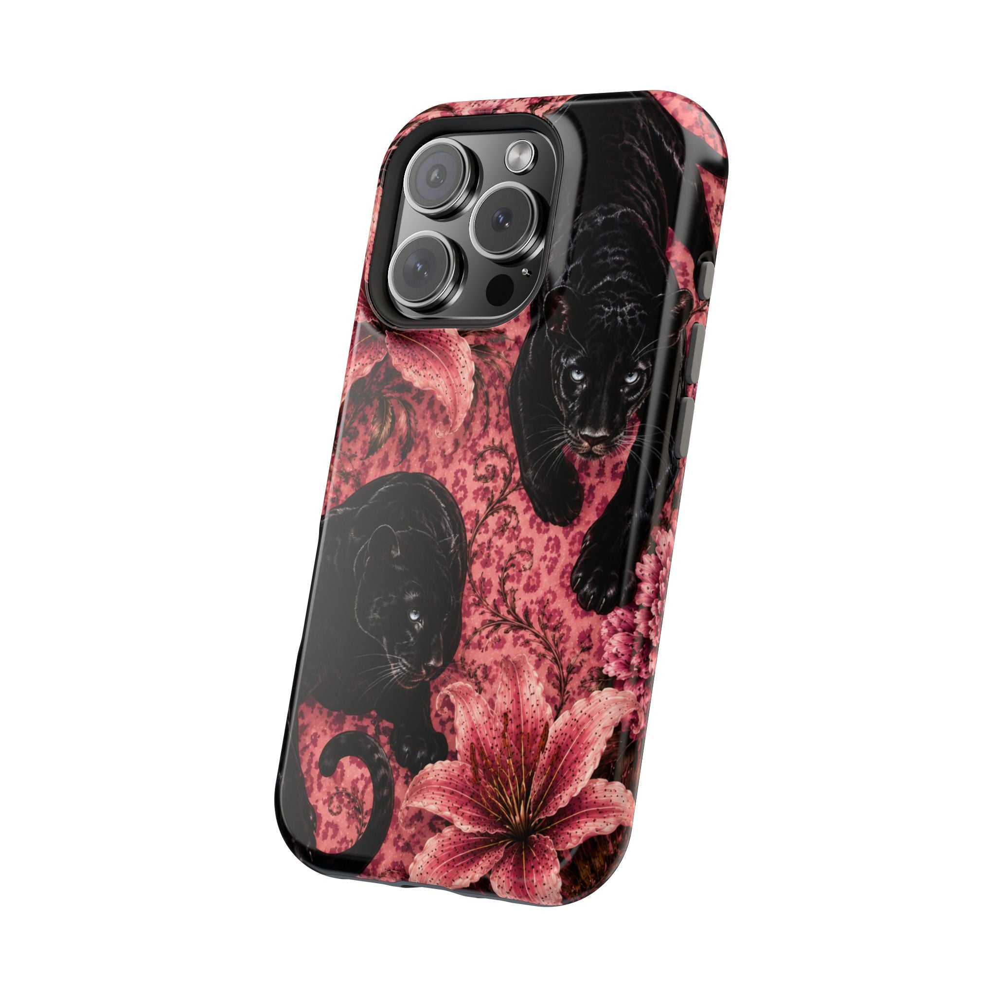 Protective Phone Case — Black Panthers & Pink Floral Impact-Resistant Magnetic Case