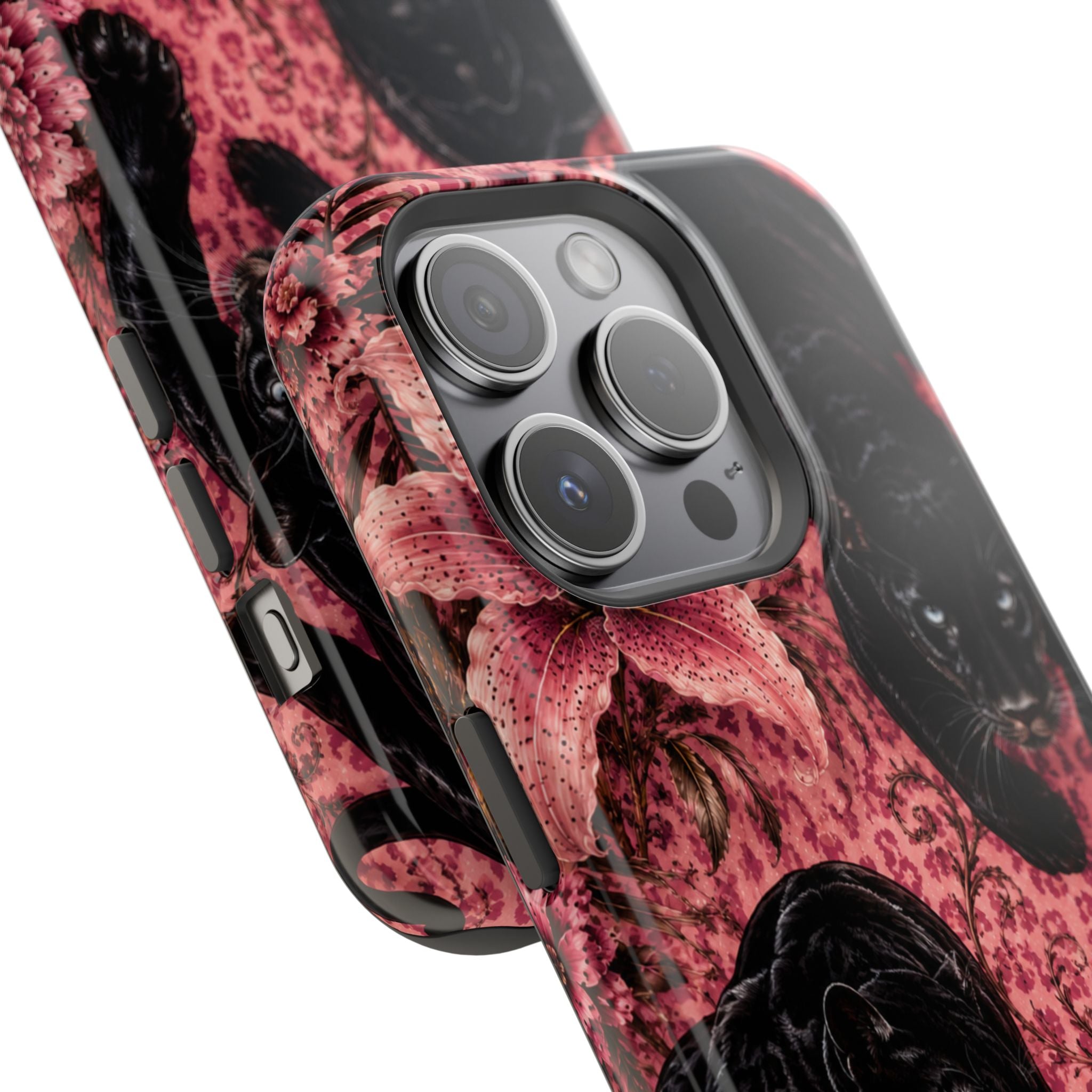 Protective Phone Case — Black Panthers & Pink Floral Impact-Resistant Magnetic Case