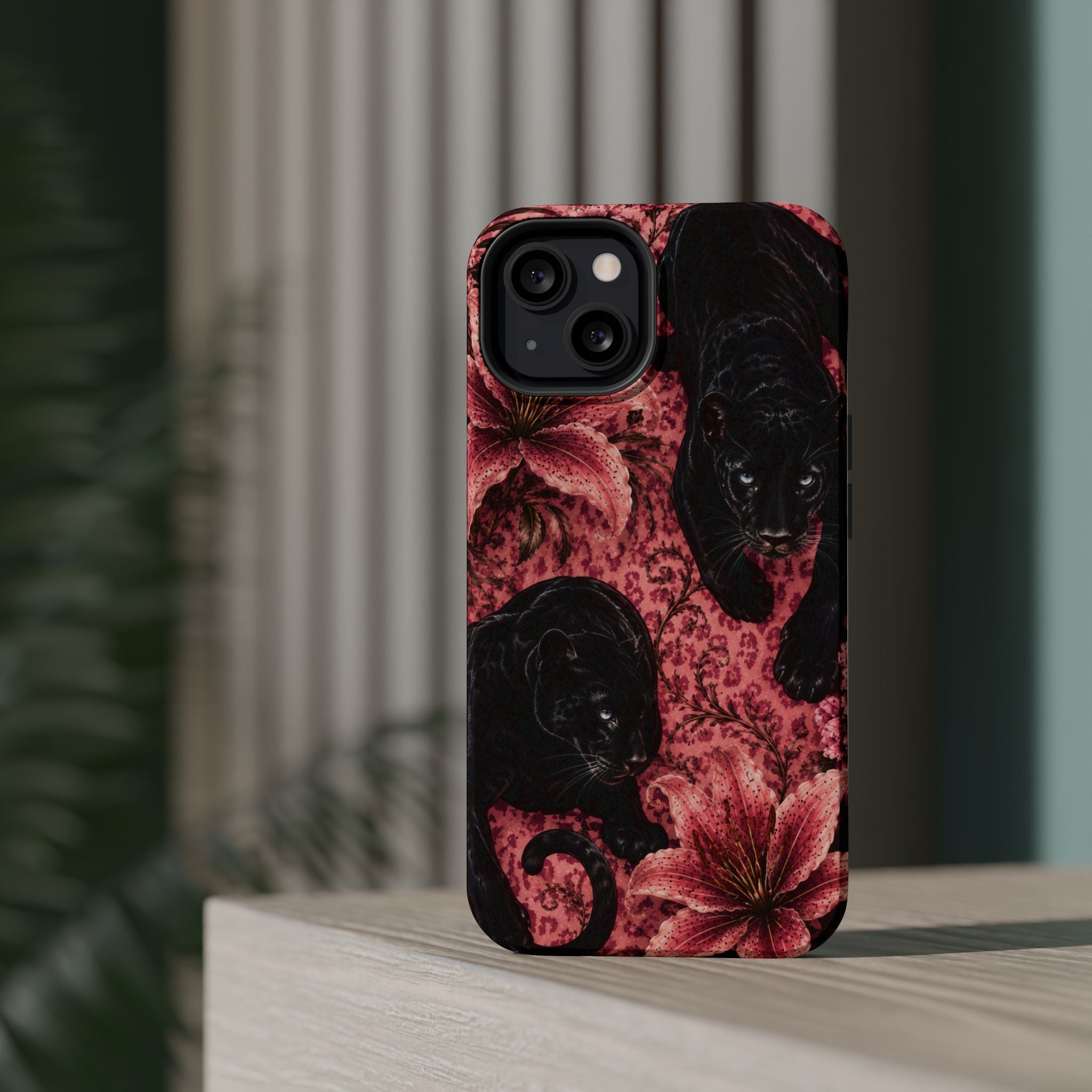 Protective Phone Case — Black Panthers & Pink Floral Impact-Resistant Magnetic Case