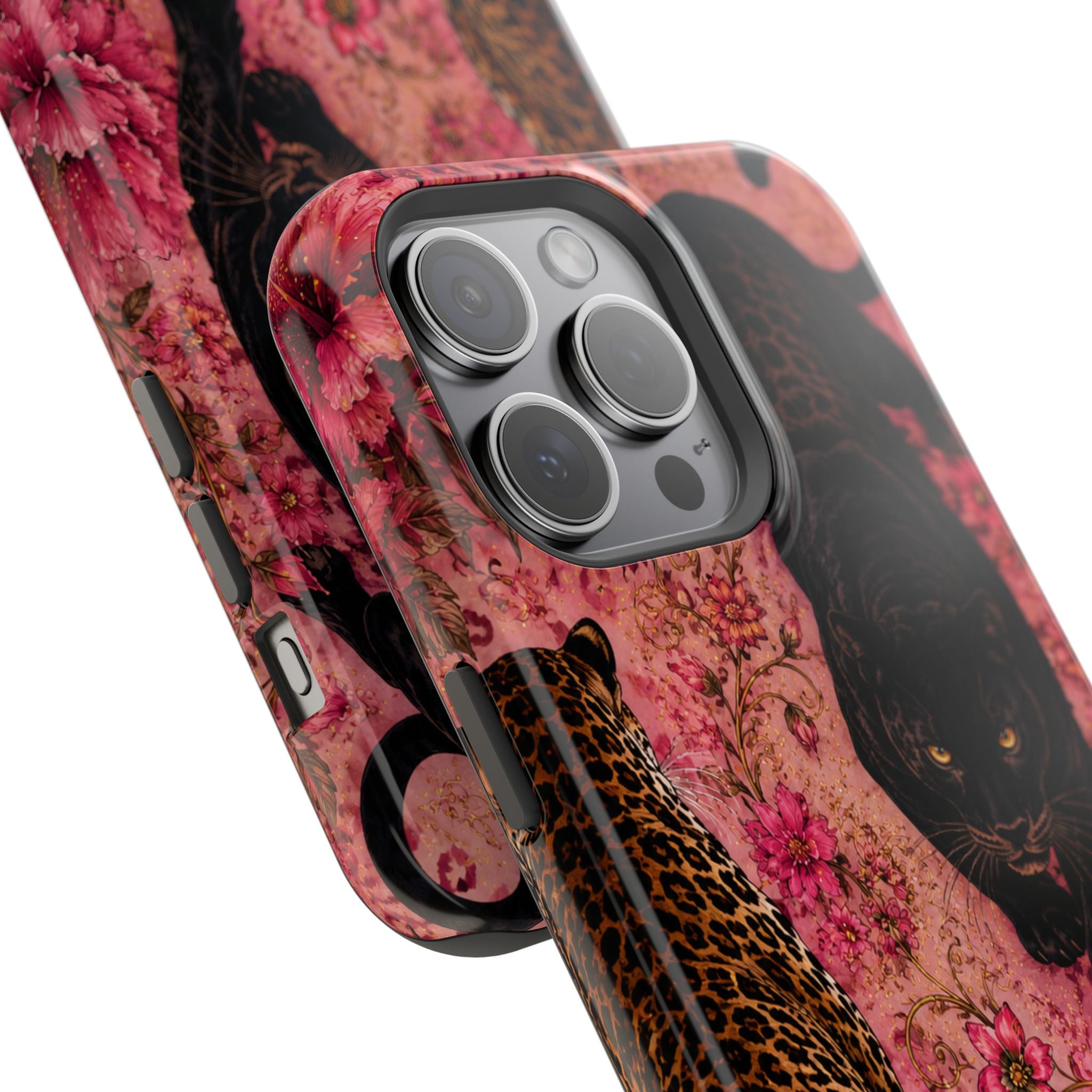 Black Panther & Leopard Floral Magnetic Impact-Resistant Phone Case | MagSafe Compatible Shockproof Cover