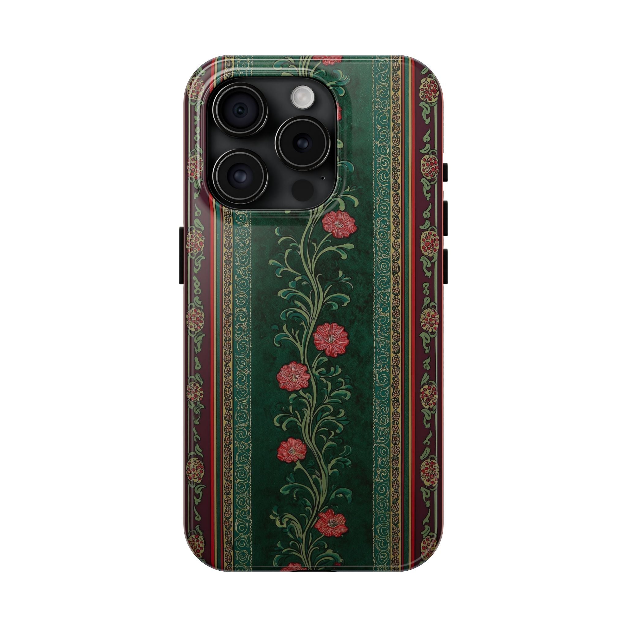 Victorian Floral Tough Phone Case - Green & Red Vintage Rose Design