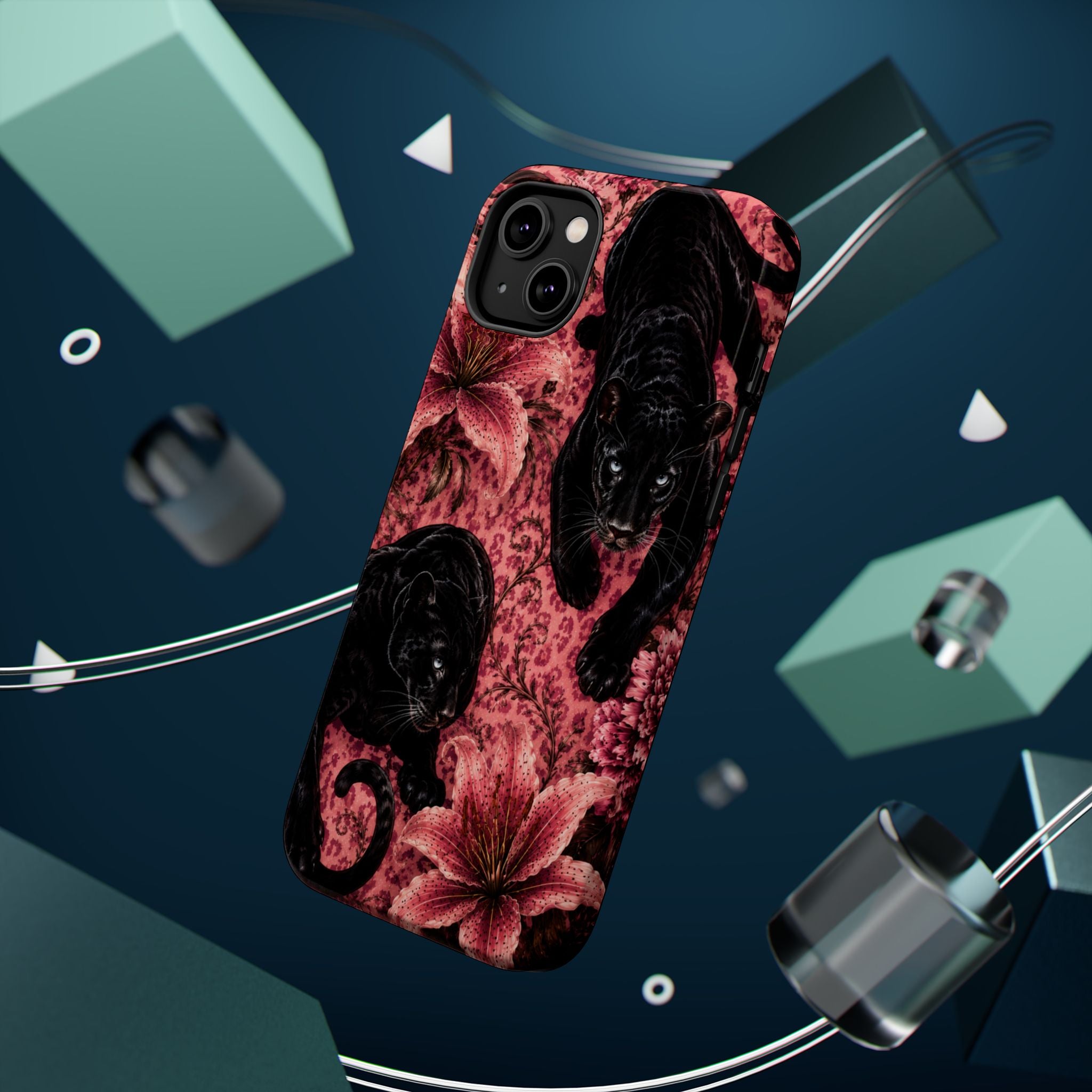 Protective Phone Case — Black Panthers & Pink Floral Impact-Resistant Magnetic Case