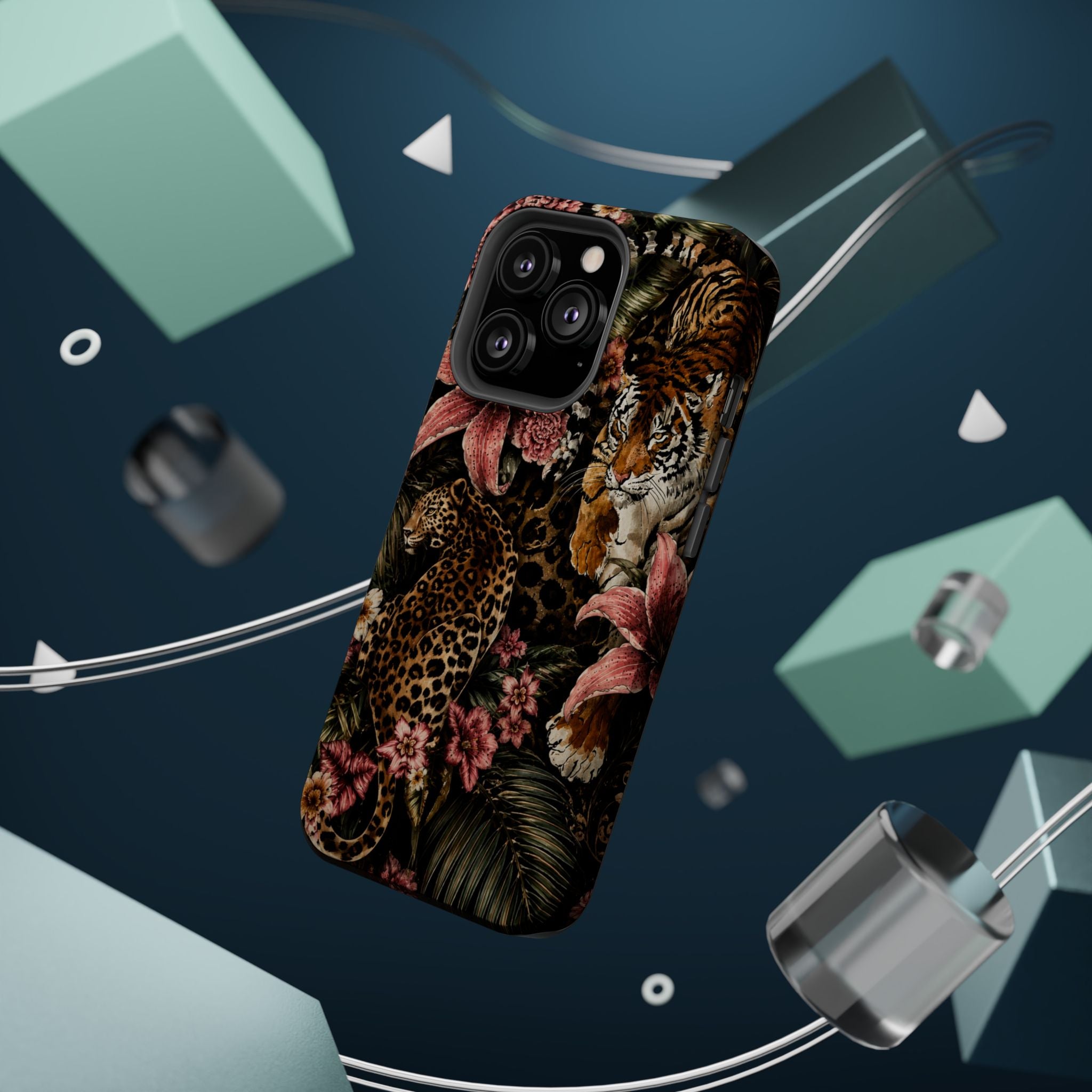 Magnetic Impact-Resistant Phone Case — Tropical Jungle Leopard & Tiger Floral Design