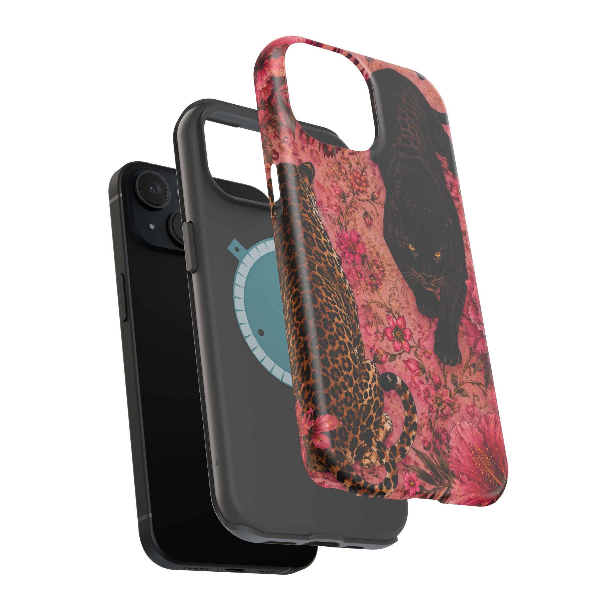 Black Panther & Leopard Floral Magnetic Impact-Resistant Phone Case | MagSafe Compatible Shockproof Cover