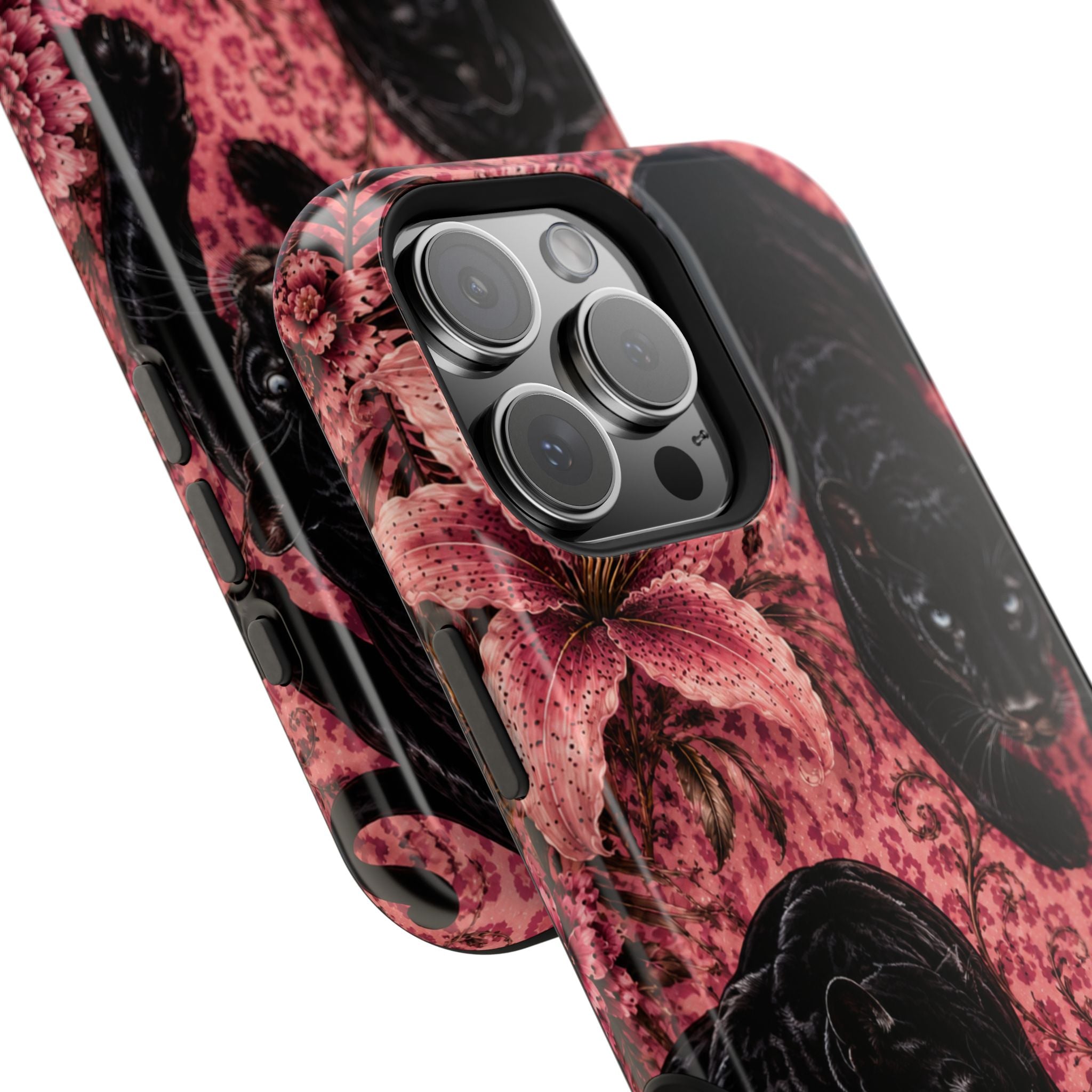 Protective Phone Case — Black Panthers & Pink Floral Impact-Resistant Magnetic Case
