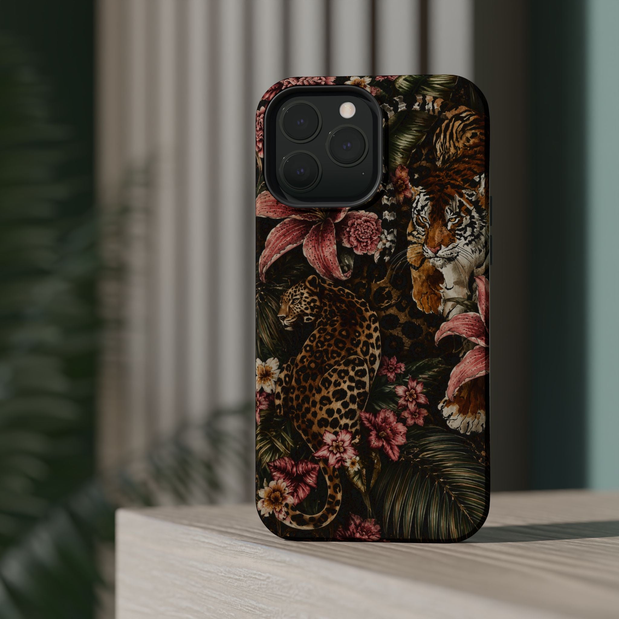 Magnetic Impact-Resistant Phone Case — Tropical Jungle Leopard & Tiger Floral Design