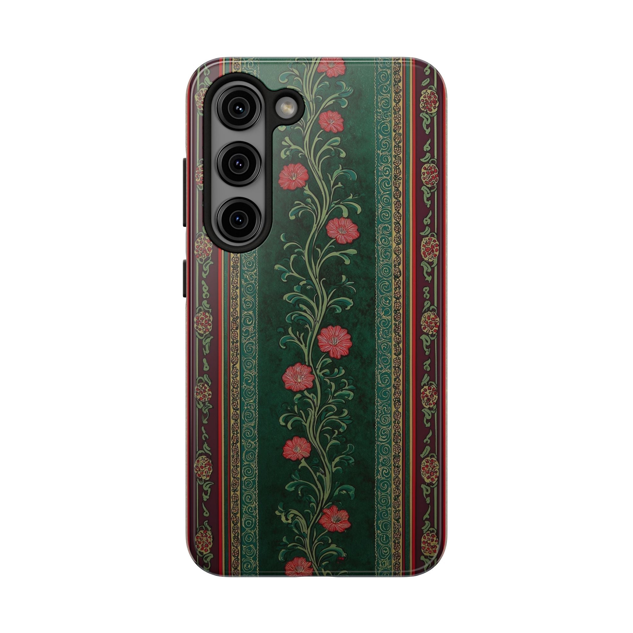 Victorian Floral Tough Phone Case - Green & Red Vintage Rose Design