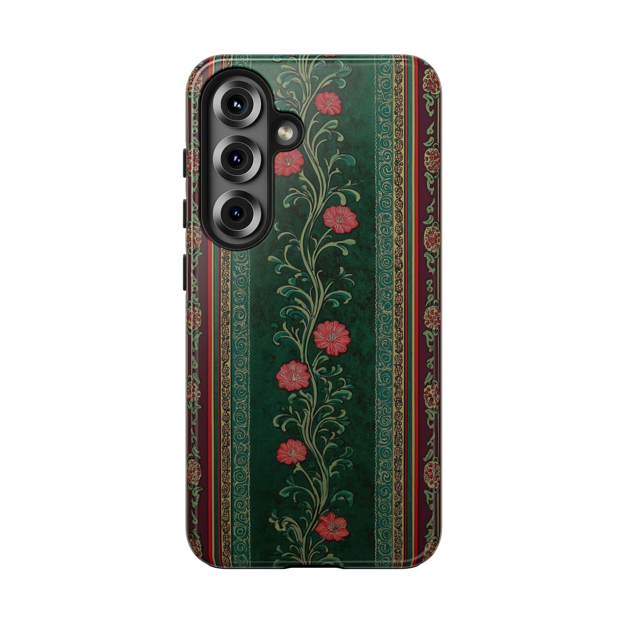 Victorian Floral Tough Phone Case - Green & Red Vintage Rose Design