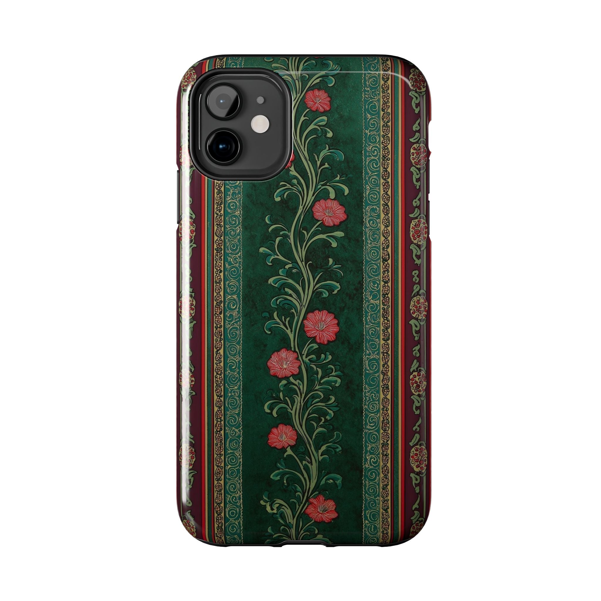 Victorian Floral Tough Phone Case - Green & Red Vintage Rose Design