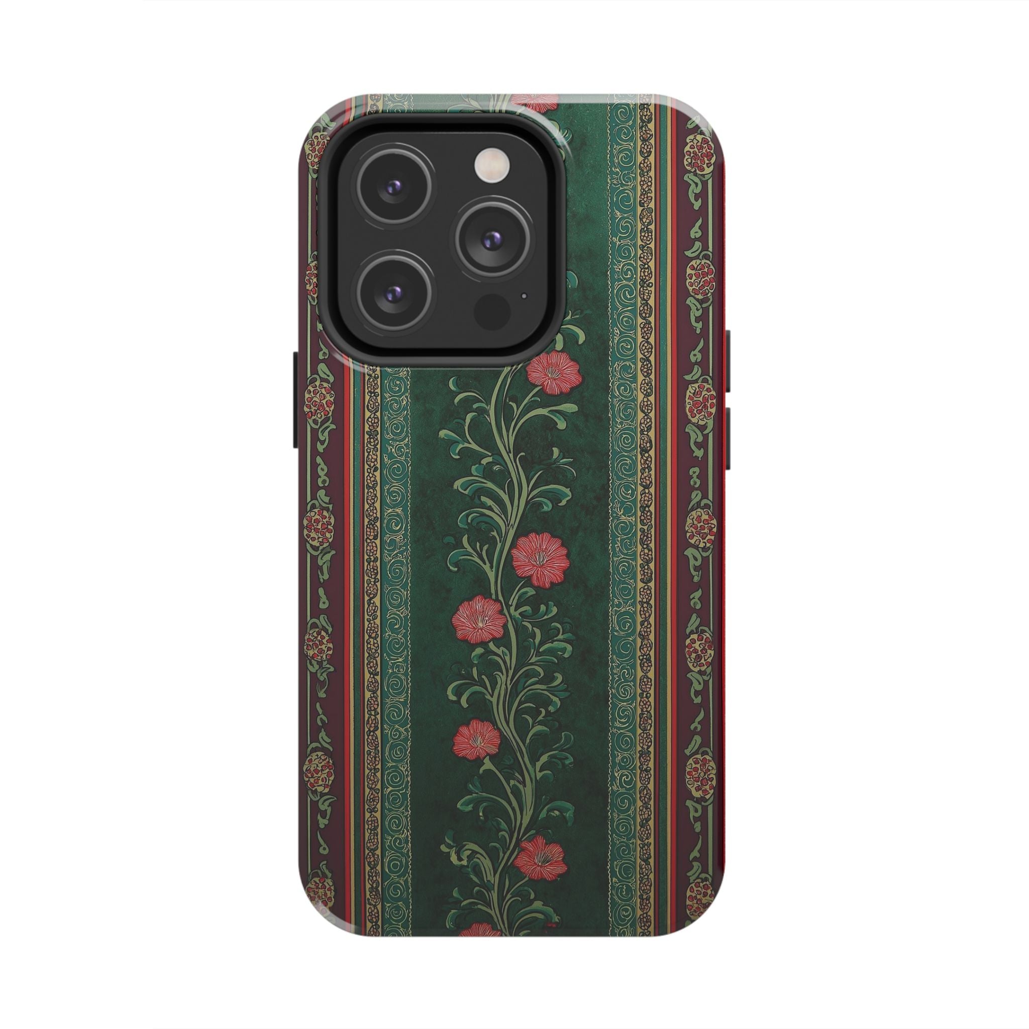 Victorian Floral Tough Phone Case - Green & Red Vintage Rose Design