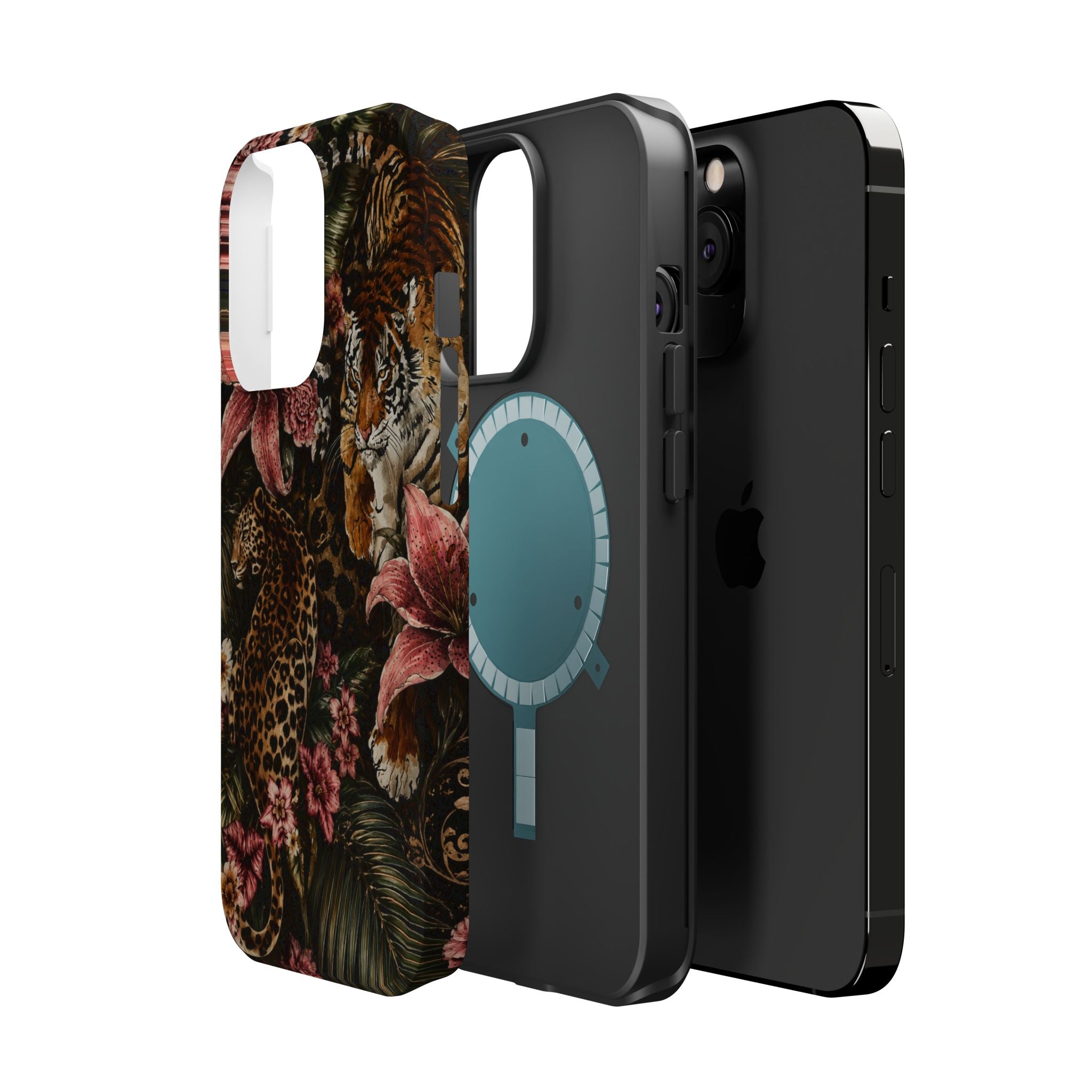 Magnetic Impact-Resistant Phone Case — Tropical Jungle Leopard & Tiger Floral Design