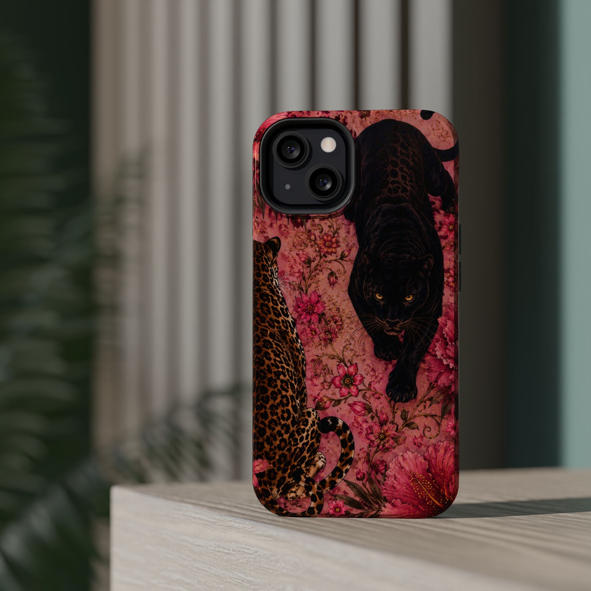 Black Panther & Leopard Floral Magnetic Impact-Resistant Phone Case | MagSafe Compatible Shockproof Cover
